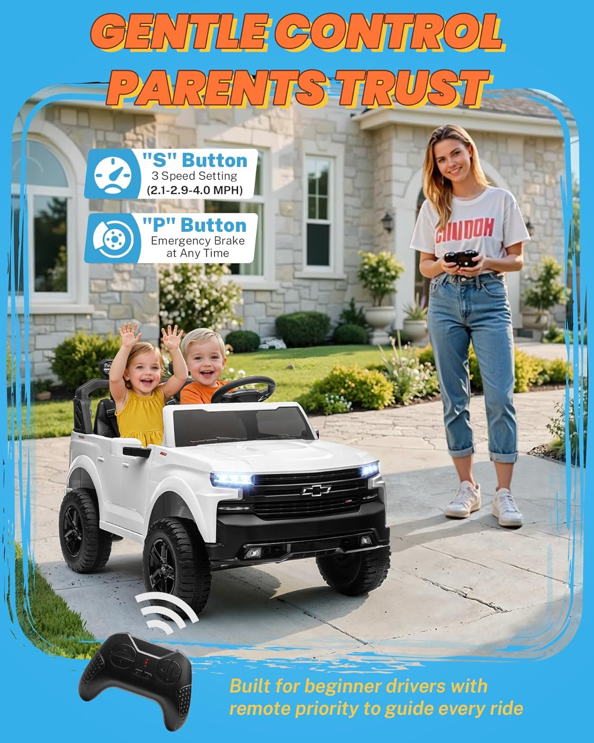 ENYOPRO 24V Ride on Toys for Kids Licensed Chevrolet Silverado LT Trail Boss, 2 Seater Ride on Truck w/Remote Control, Kids Electric Vehicle w/LED Lights, Bluetooth, Horn, Truck Bed Stroage, White