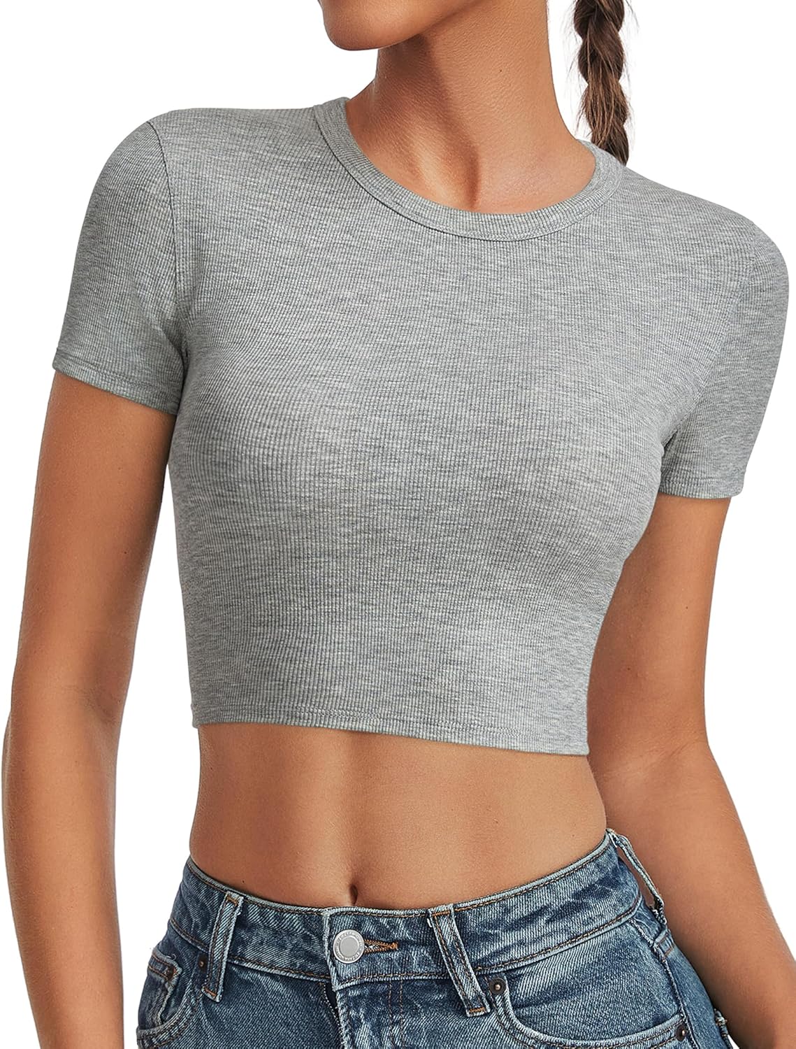 Crop Tops for Women Ribbed Crew Neck Short Sleeve Basic Tees Fitted T-Shirts Gym Workout Yoga Shirts