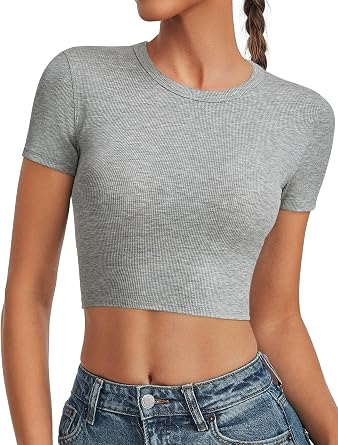 Crop Tops for Women Ribbed Crew Neck Short Sleeve Basic Tees Fitted T-Shirts Gym Workout Yoga Shirts