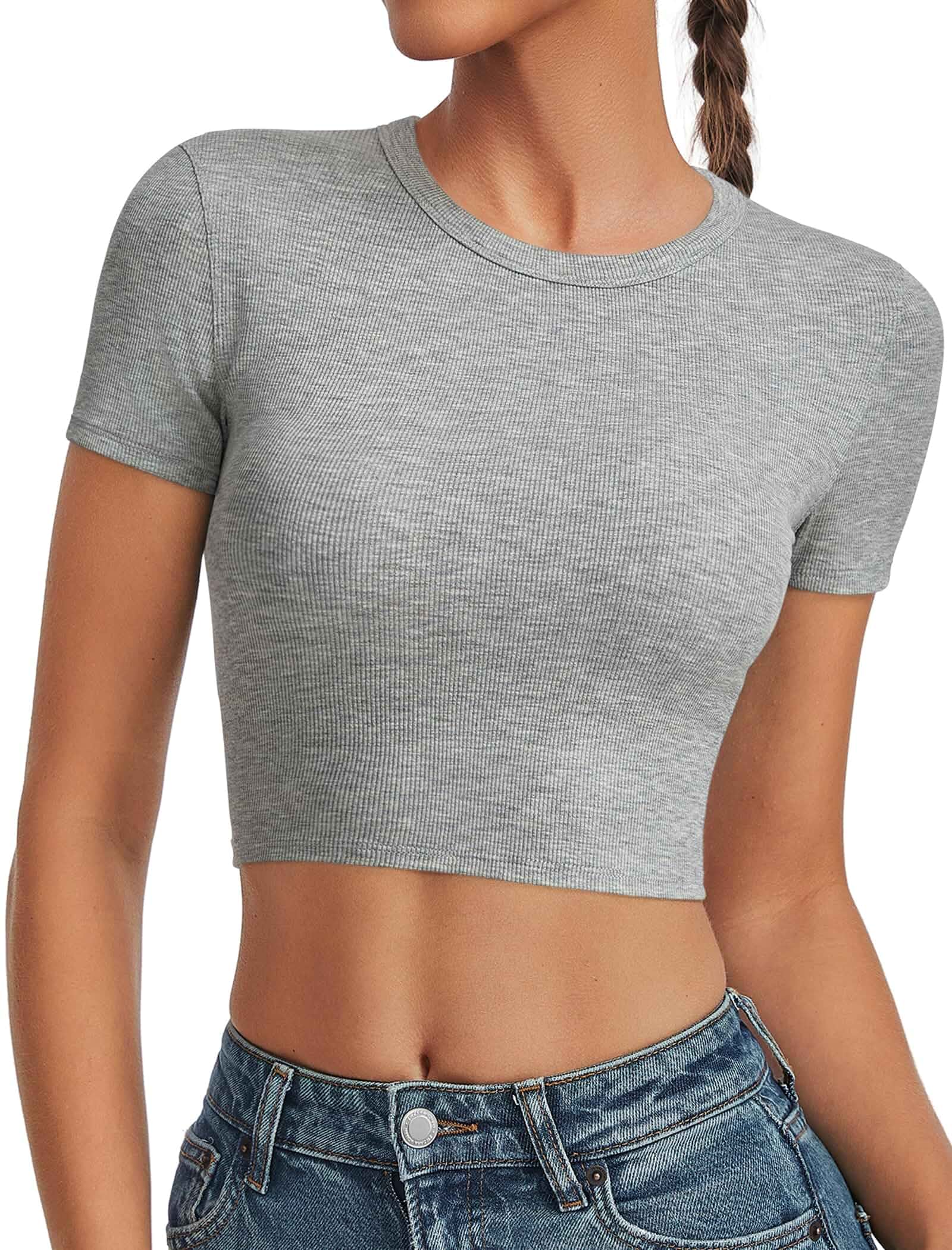 Women's Ribbed Crop Top, Fitted Short Sleeve Basic Tee Fitted ribbed knit with a cropped shape made to pair easily with high-waisted jeans, shorts and skirts