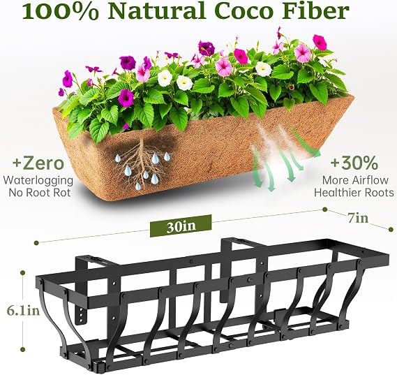 VOXOR Railing Planter Boxes, Heavy Duty Window Box Planters, Adjustable Balcony Planters for Railing Hanging, with Coco Liner for Deck, Porch, and Patio Gardening (2 Pack, 30 Inch)