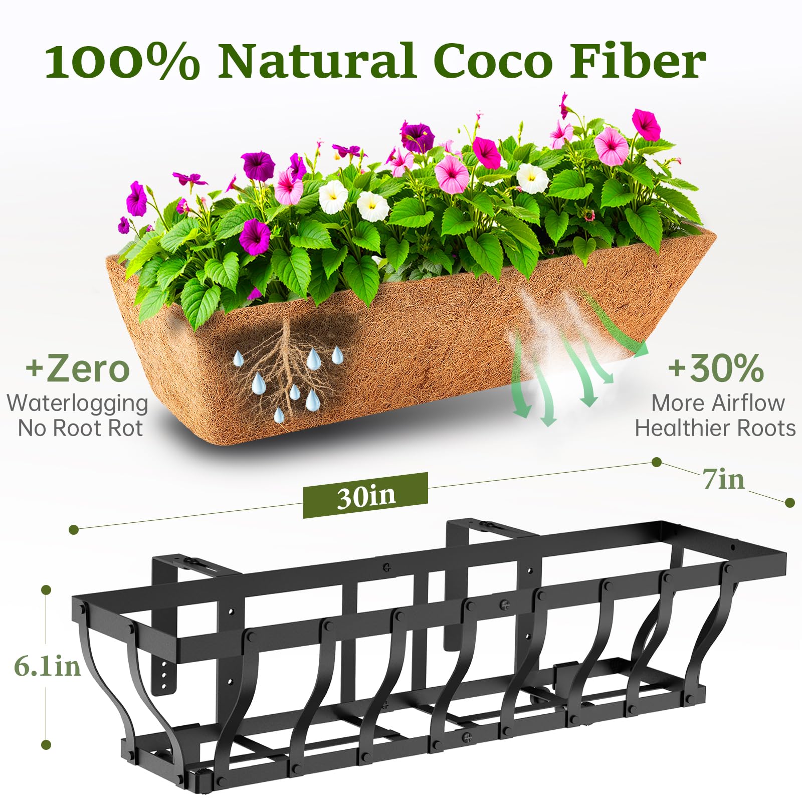 VOXOR Macetas de barandilla, macetas resistentes para ventana, macetas ajustables para balcón para colgar barandilla, con forro de coco para terraza, porche y jardinería de patio (paquete de 3, 30