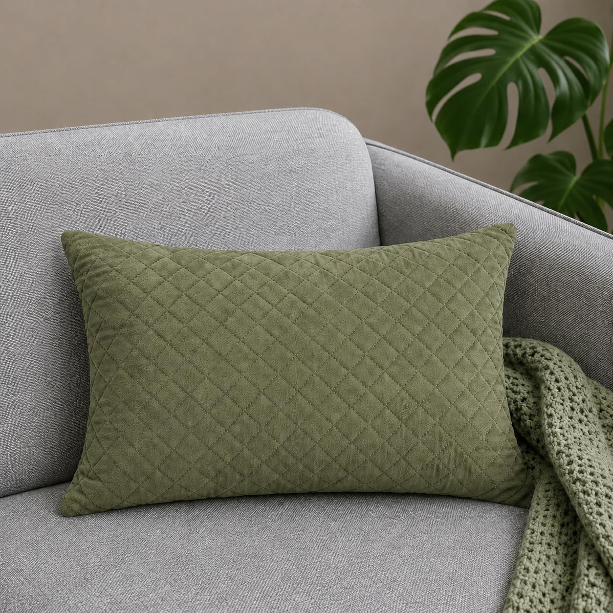 Set of 1 Quilted Cushion Covers – 12x18 Inches | Rectangular Decorative Throw Pillow Covers for Sofa, Couch & Living Room – Solid Olive Green-image-10