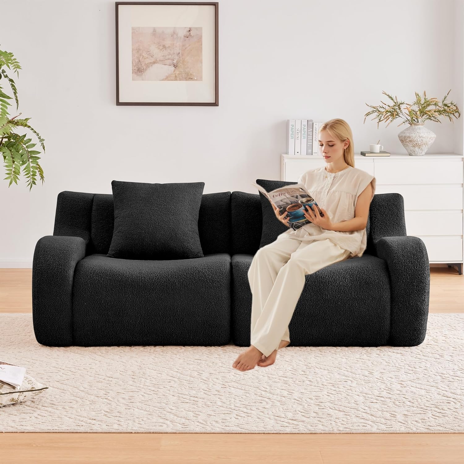 83" Teddy Loveseat Sofa Chair with Ergonomic Seat & Backrest, Oversized Love Seat Sleeper with Curved Armrest, Deep Seat Loveseat Couch with Non-Slip Base for Living Room Apartment, Black
