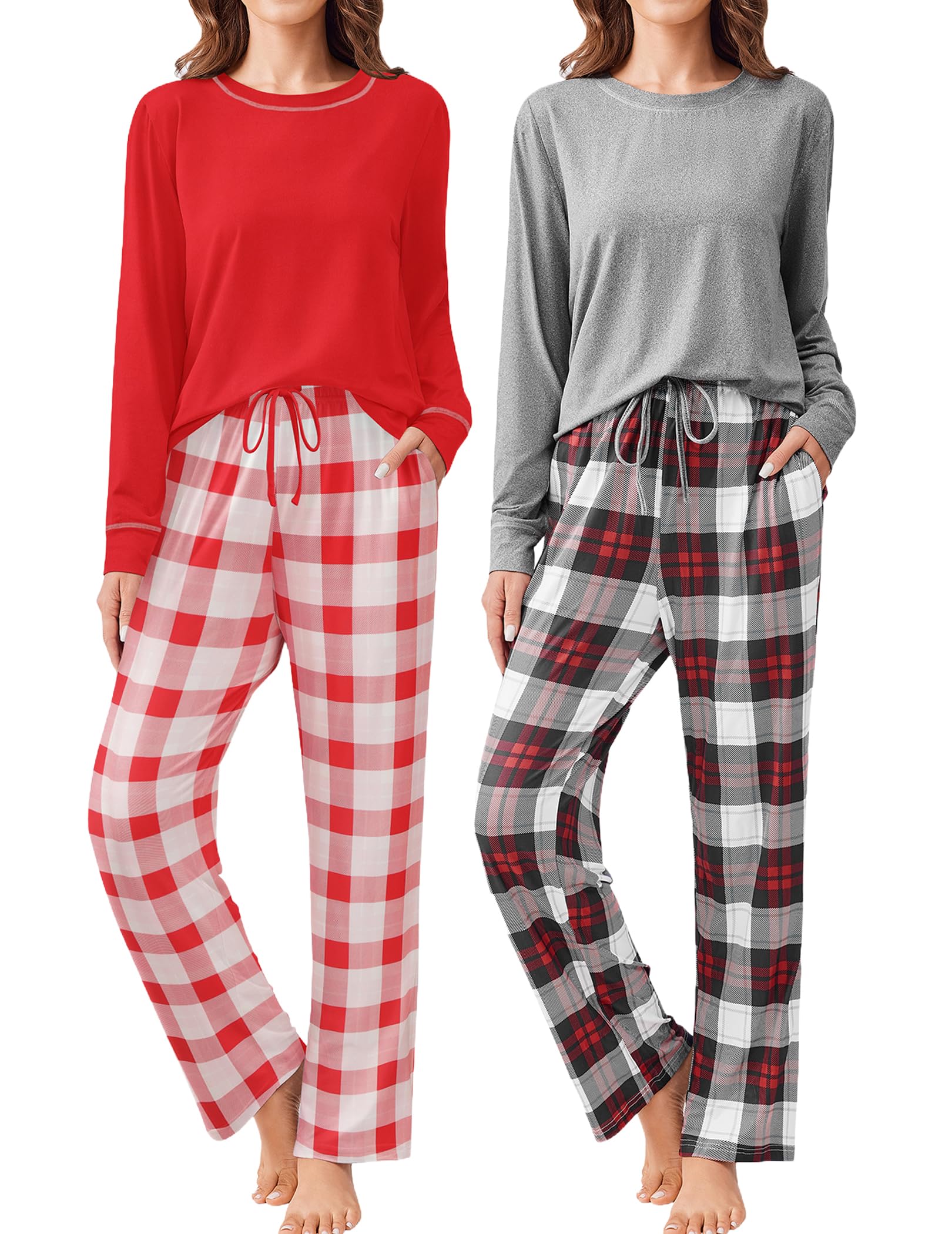 Ekouaer 2 Pack Women Pajama Long Sleeve Sleepwear Soft Loungewear Pjs Sets with Pockets S-XXL