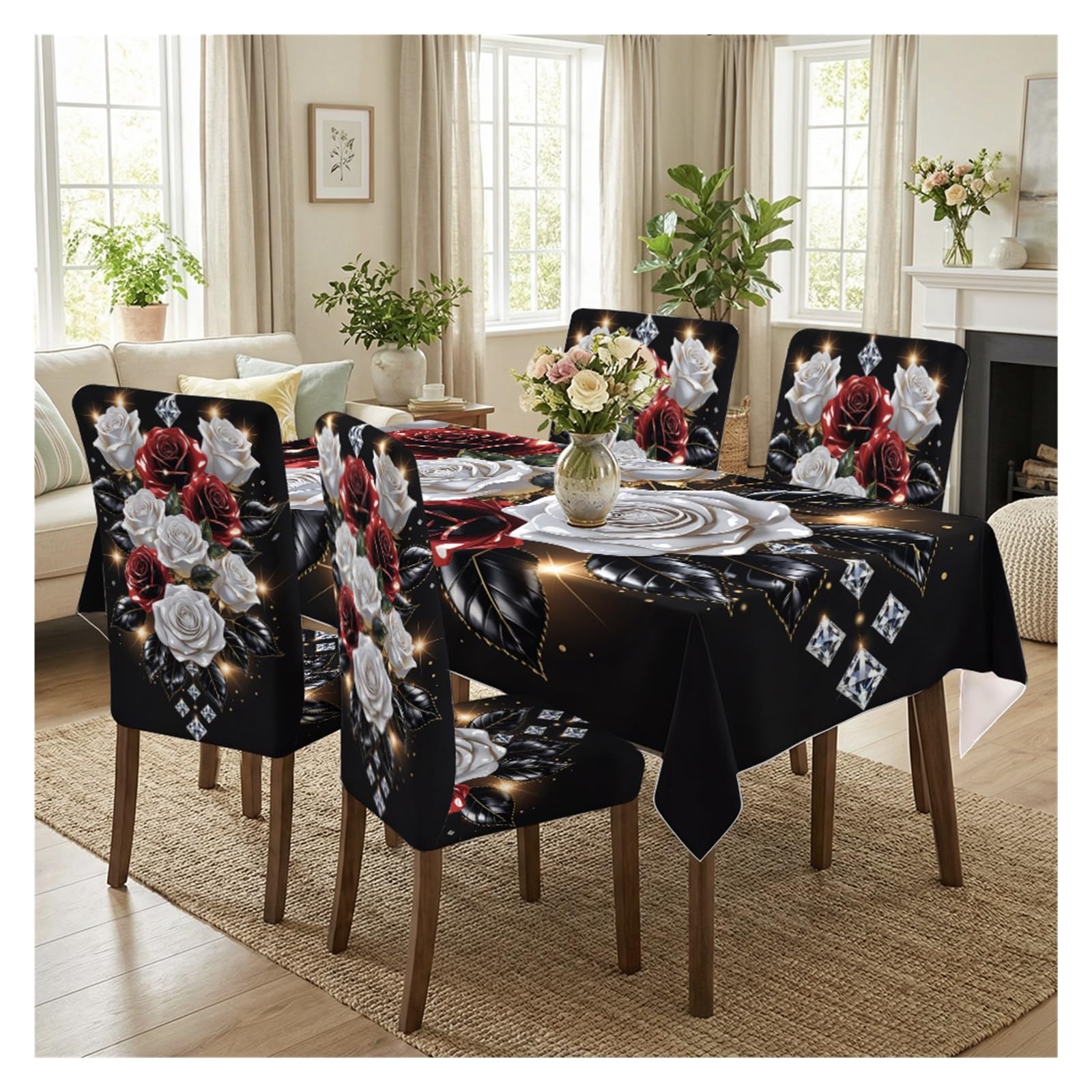 KXUAUV Stretch Dining Chair Slipcovers And Tablecloth Set, Black Red White Rose Rhinestone Print, 5/7 Pack For Gothic Romantic Dining Decor Party Decor(5pcs Set: Tablecloth+Chair Covers)