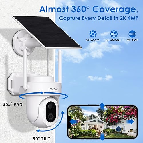 Miniatura 5 de RocSec Cámara de seguridad solar 2K, WiFi PTZ, cámara de seguridad con 14 focos, visión nocturna a color, IP65 impermeable, detección PIR, audio de