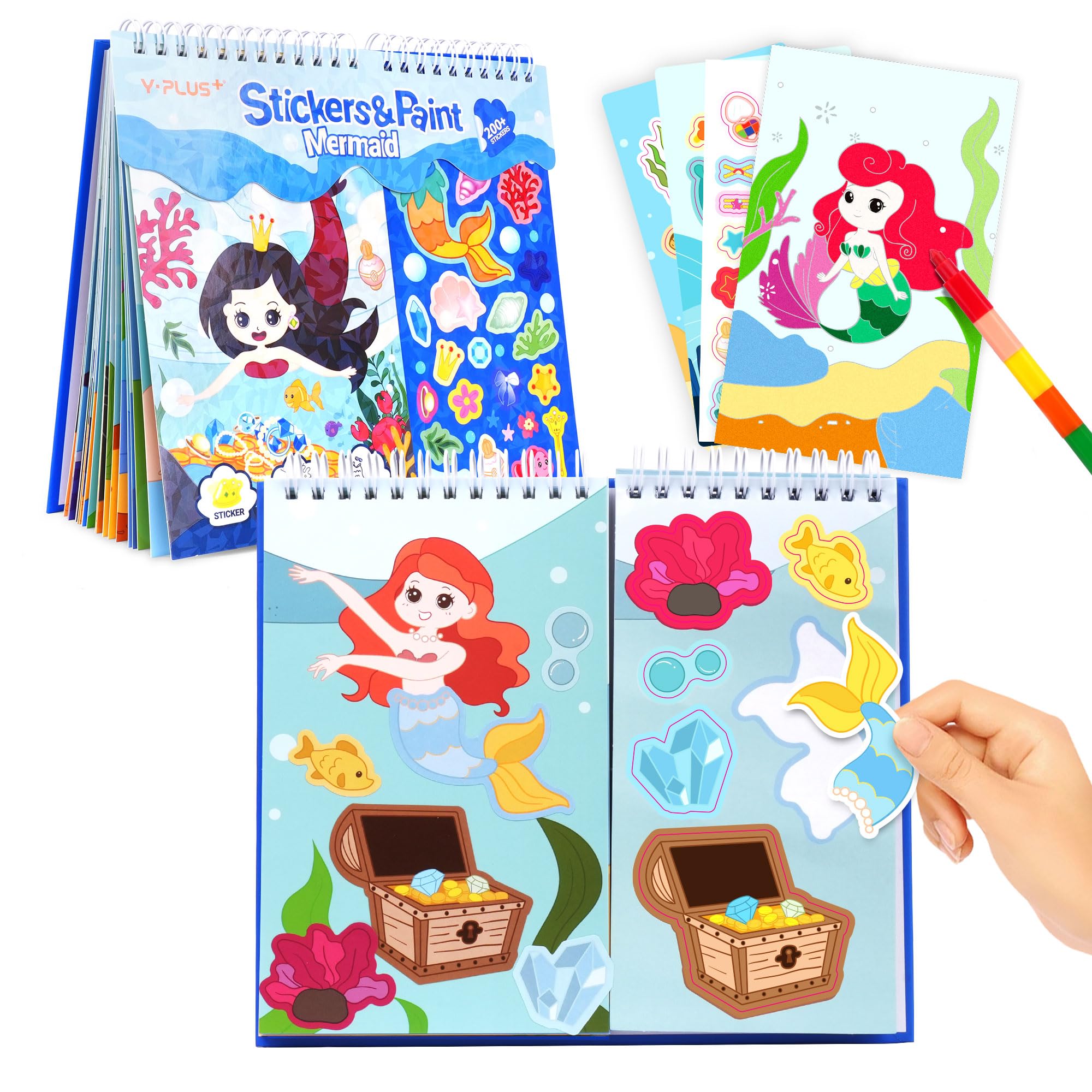 YPLUS Mermaid Sticker Book, Sticker Books for Toddlers with Dress-Up Stickers & Colouring Scenes, 8-Colour Crayons Included