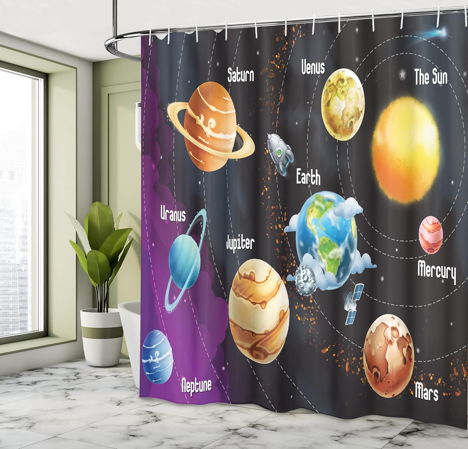 Ambesonne Outer Space Shower Curtain, Solar System of Planets Milky Way Neptune Venus Mercury Sphere Illustration, Cloth Fabric Bathroom Decor Set with Hooks, 69" W x 75" L, Purple Indigo Multicolor