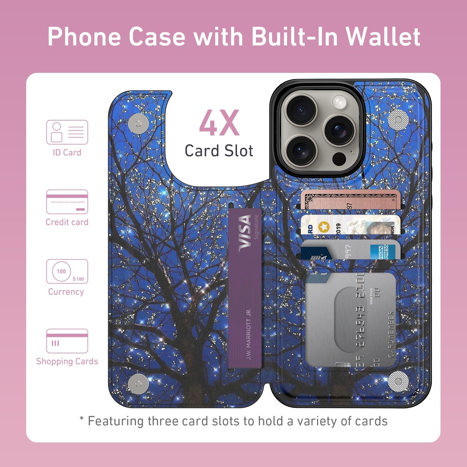FUNMIKO for iPhone 13 Pro Max Wallet Case with Card Holder, RFID-Blocking, Military-Grade Protection & UV-Printed Artwork, Magnetic Closure with Leather Kickstand - Dreamy Wishing Tree - Image 2