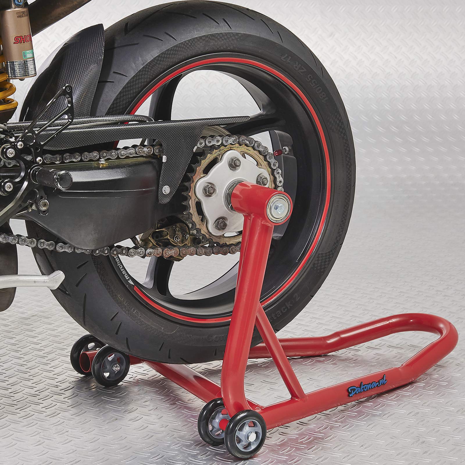 Einarm Motorrad Montageständer - Hinterradständer für einseitige Schwinge mit 21,7 & 25,7 mm Aufnahme - 200 kg Tragkraft, 4 Rollen, Schwarz