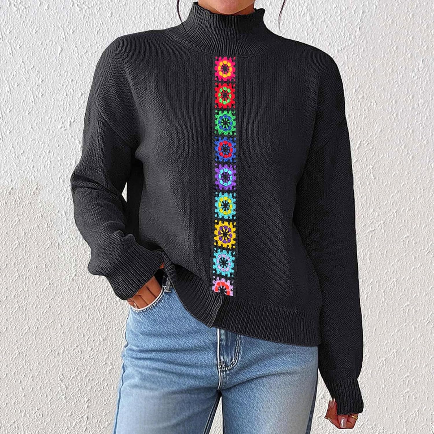 Womens Long Sleeve Turtle Neck Sweater Casual Soft Lightweight Vintage Mexican Pullover Tops Fall Outfits Clothes