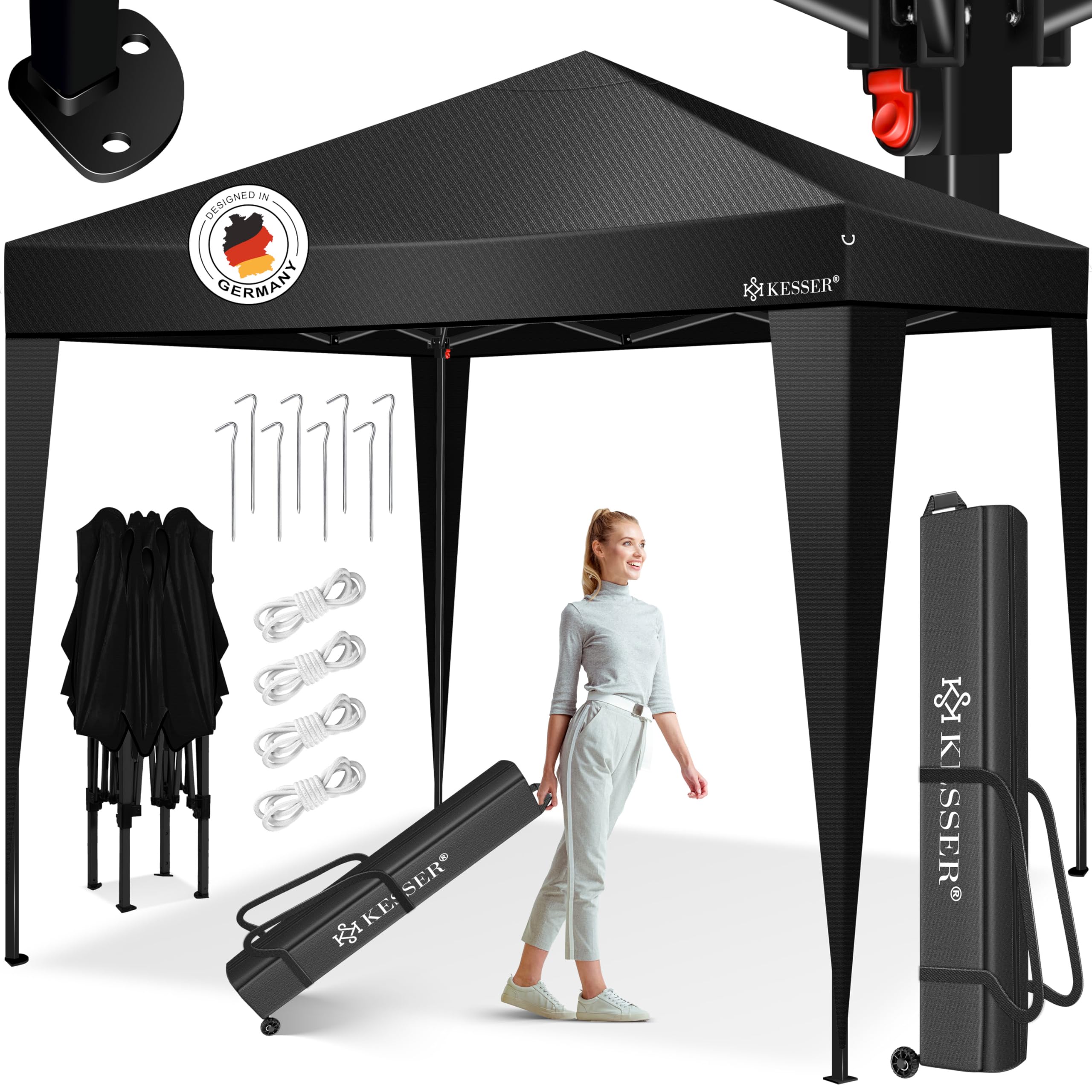 KESSER® Carpa Plegable 3x3m | Pop-Up Regulable en Altura Estable Impermeable Resistente al Invierno | Protección UV 50+ Incluye Bolsa con Ruedas y Anclaje al Suelo - Negro/Negro