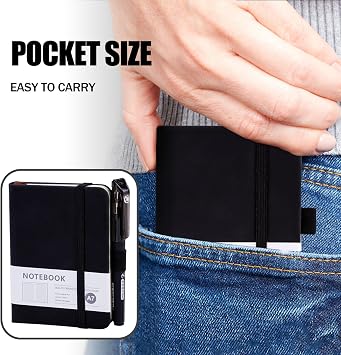 8Pcs Pocket Notebook A7 Set, 4 Small Notepad with 4 Pens, Mini Notebooks Pocket Size, Portable Leather Field Notes Journal Diary Lined Notebook with Elastic Band for School Office (200 Pages) (Black)