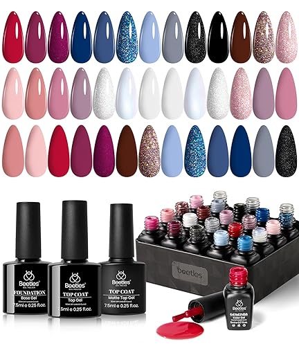 Beetles - Juego de esmaltes de uñas de gel para el 4 de julio, 20 colores, rojo, azul, blanco, con base que no se limpia y capa superior brillante y