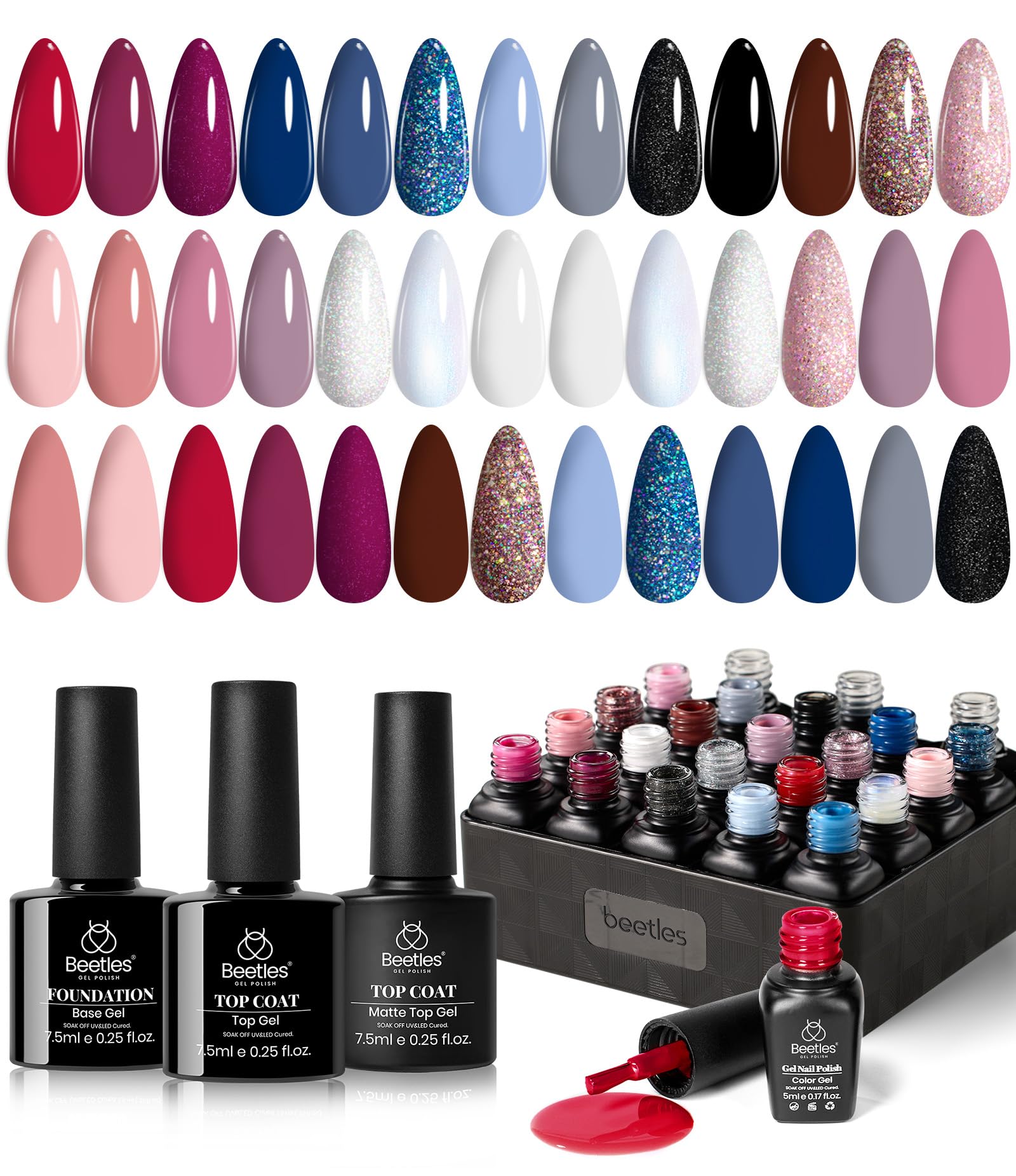 Beetles 4th of July Gel Nail Polish Set 20 Colors Red Blue White Nails with No Wipe Base and Glossy & Matte Top Coat for Soak-off UV Light Gel Nail Art Manicure Set DIY at Home Gifts for Women Girls