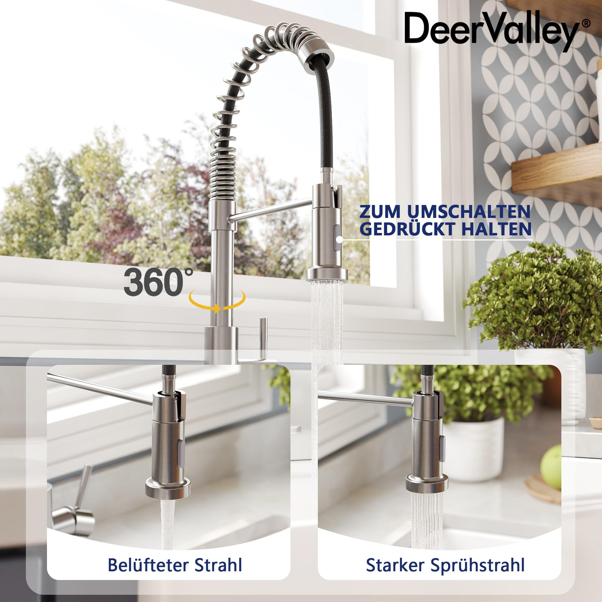 DeerValley Wasserhahn Küche Küchenarmatur Ausziehbar mit 2-Strahl-Sprühbrause Drehbarem Einhebelmischer Edelstahl Wasserhahn für Spüle, Flexibler Küchenhahn