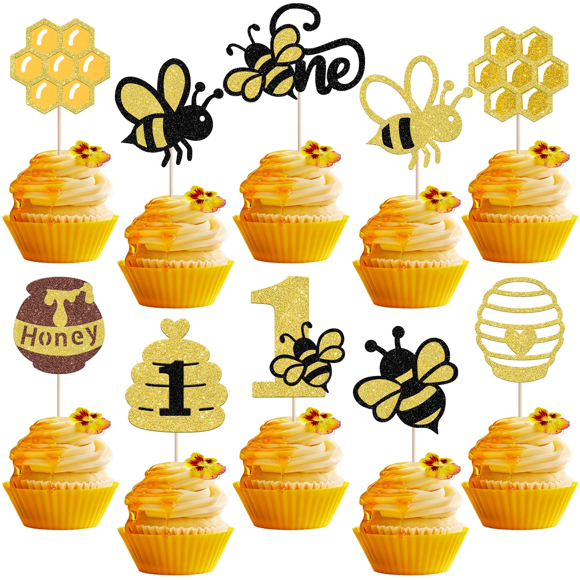 Xsstarmi 30 Pack Bumble Bee Cupcake Toppers Glitter Honeycomb Bee One Cupcake Picks for Bee Theme Baby Shower Happy 1st Birthday Party Cake Decorations Supplies