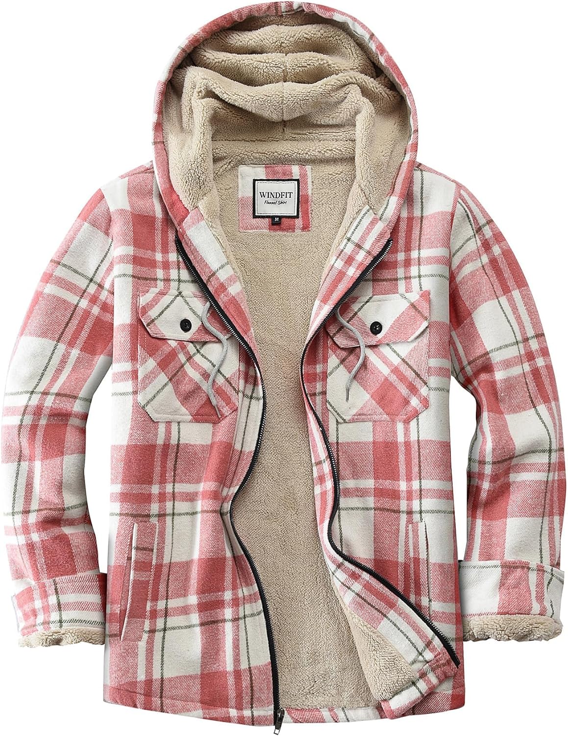 Women's Full Zip Fleece Flannel Jacket Plaid Sherpa Lined Jacket for Women Large Pink