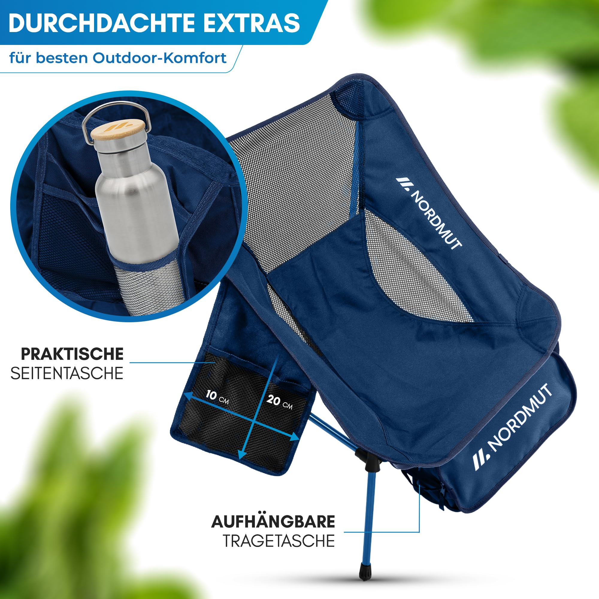 NORDMUT® Campingstuhl kleines Packmaß & Ultraleicht – Kleiner Campingstuhl mit 150 kg Belastung – Klappstuhl Camping leicht aus Aluminium für Camping, Outdoor & Festivals