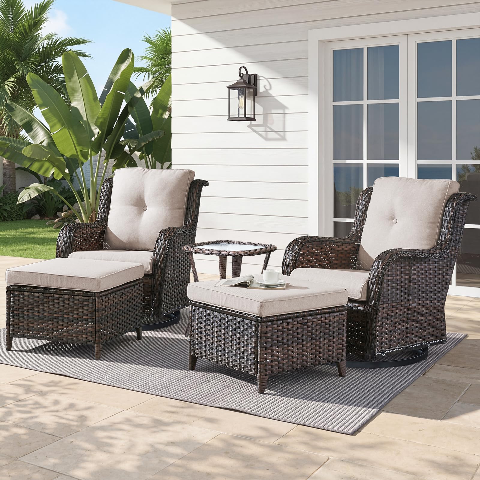 Belord 5 Piece Wicker Patio Furniture Set, Outdoor Swivel Rocker Chairs Set of 2 with Ottomans and Side Table, All Weather Patio Conversation