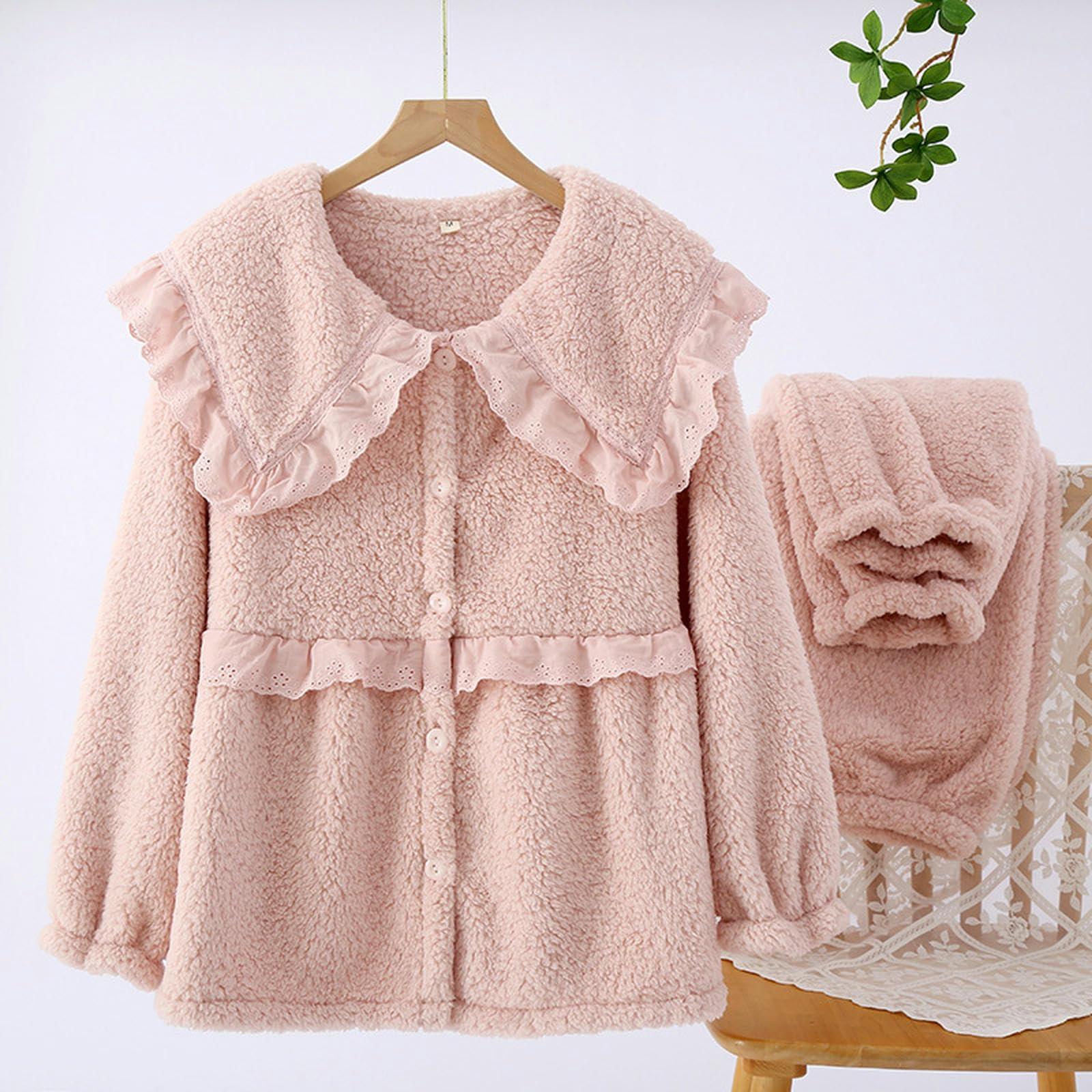 Pigiama Donna Invernale Pigiami in Fiamme Set da Donna Set Inverno Densi Abiti da Casa di Pigiami Invernali-Polvere di Pesca-l