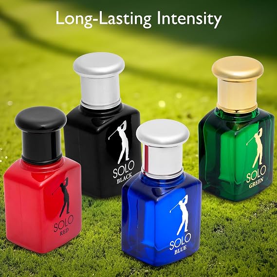 NovoGlow Solo 4-Piece Mini Fragrance Set for Men EDP - Solo Red, Blue, Black & Green - Combination of Woody, Citrus & Spicy Scents - Suitable For All Skin Types - Free of Paraben Each in 30ml Bottle