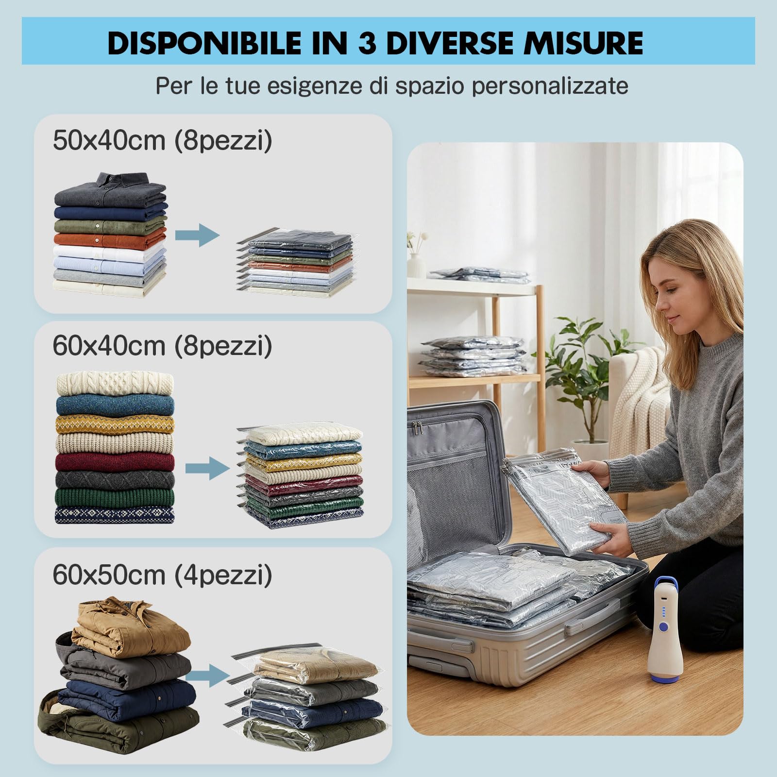 Sacchetti Sottovuoto Vestiti con Pompa Wireless 4500Pa, Set 20 | 3 misure: 50 × 40, 60 × 40 e 60 × 50 cm, fino all’80% di spazio in meno per viaggio, valigia, armadio e biancheria