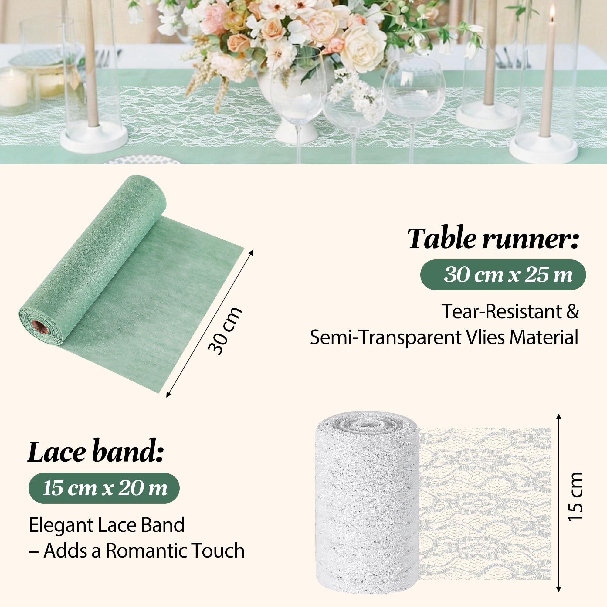 Set da tavolo Eucalipto verde eucalipto runner in tessuto non tessuto + nastro in pizzo bianco + 40 tovaglioli + 100 pezzi per comunione, battesimo, cresima, matrimonio, elegante
