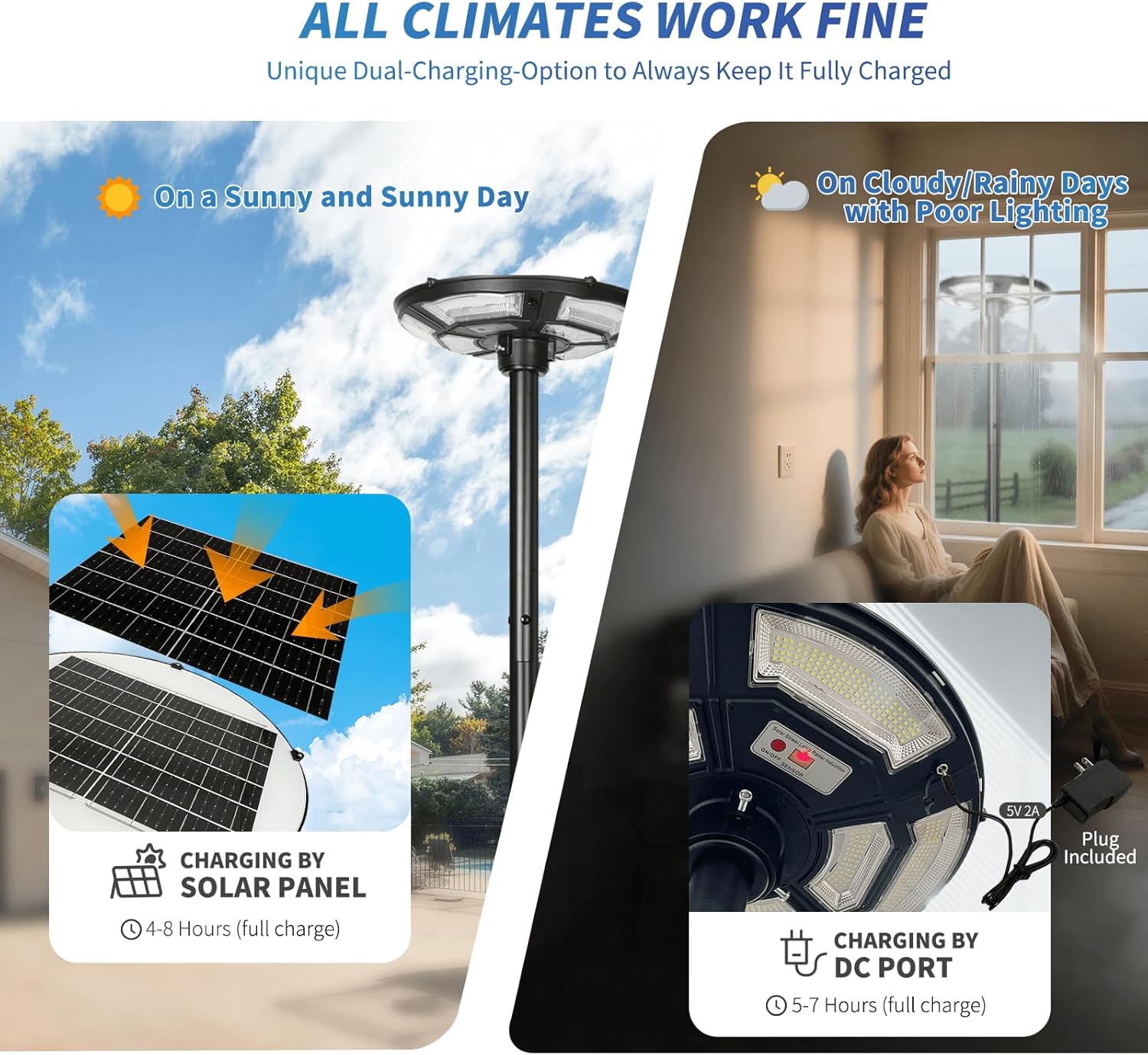 Solar Street Light with Galvanized Steel Pole and Base, Outdoor Waterproof Dusk to Dawn Motion Sensor 750-LED 76" Solar Lamp Post with DC Port & Plug for Yard Driveway Patio, Complete Set