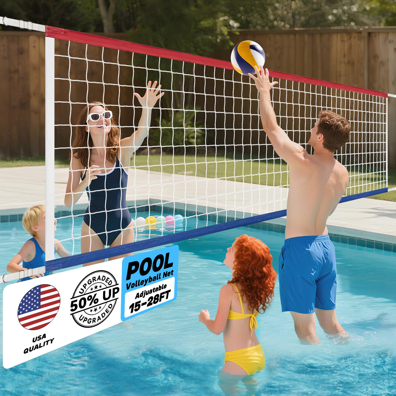 XXXYYY Upgraded Swimming Pool Volleyball Net Replacement, Lengthened 15FT-28FT Adjustable, Upgraded Weather Resistance with Waterproof, Thicker Borders and Nylon Straps-15x3FT, Red Blue(Net Only)