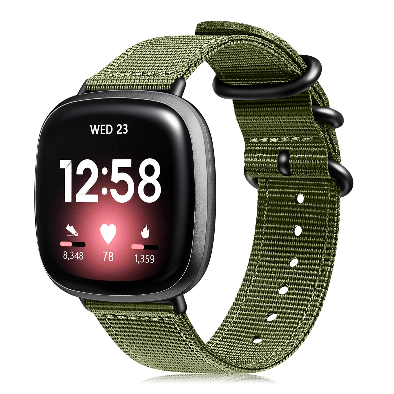 Fintie Band Compatible with Fitbit Versa 4 3 / Sense 2 1, Soft Woven Nylon Sport Replacement Strap Wrist Bands, Black, Olive, Medium to Large, Classic