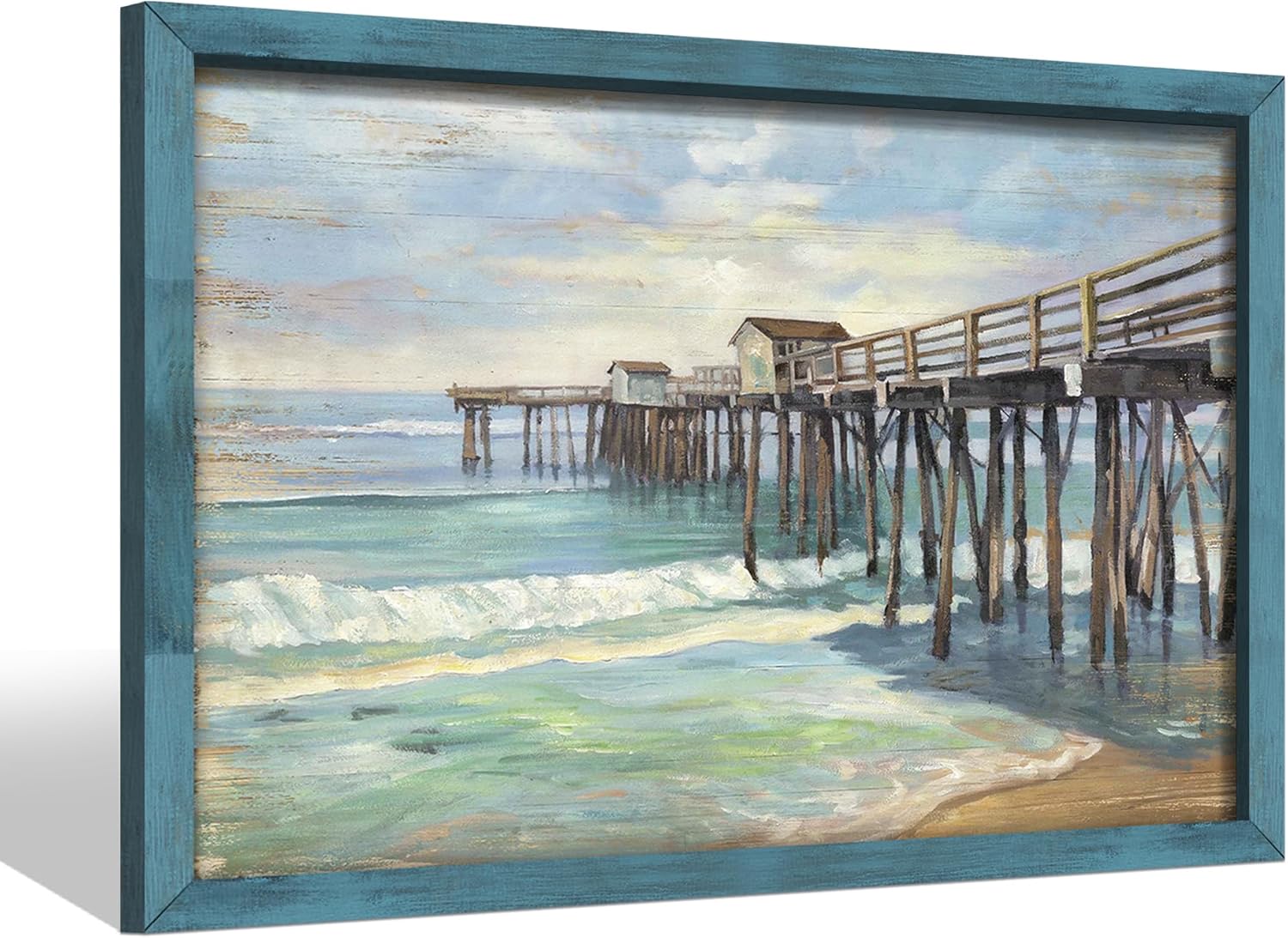 Framed Beach Wooden Wall Art: Living Room Coastal Sailboat Sea Wave Seashore Sunset Seascape Painting Print Seaside Seaweed Floral Rocky Ocean Artwork Relax Scenery Picture Decor for Bedroom Bathroom