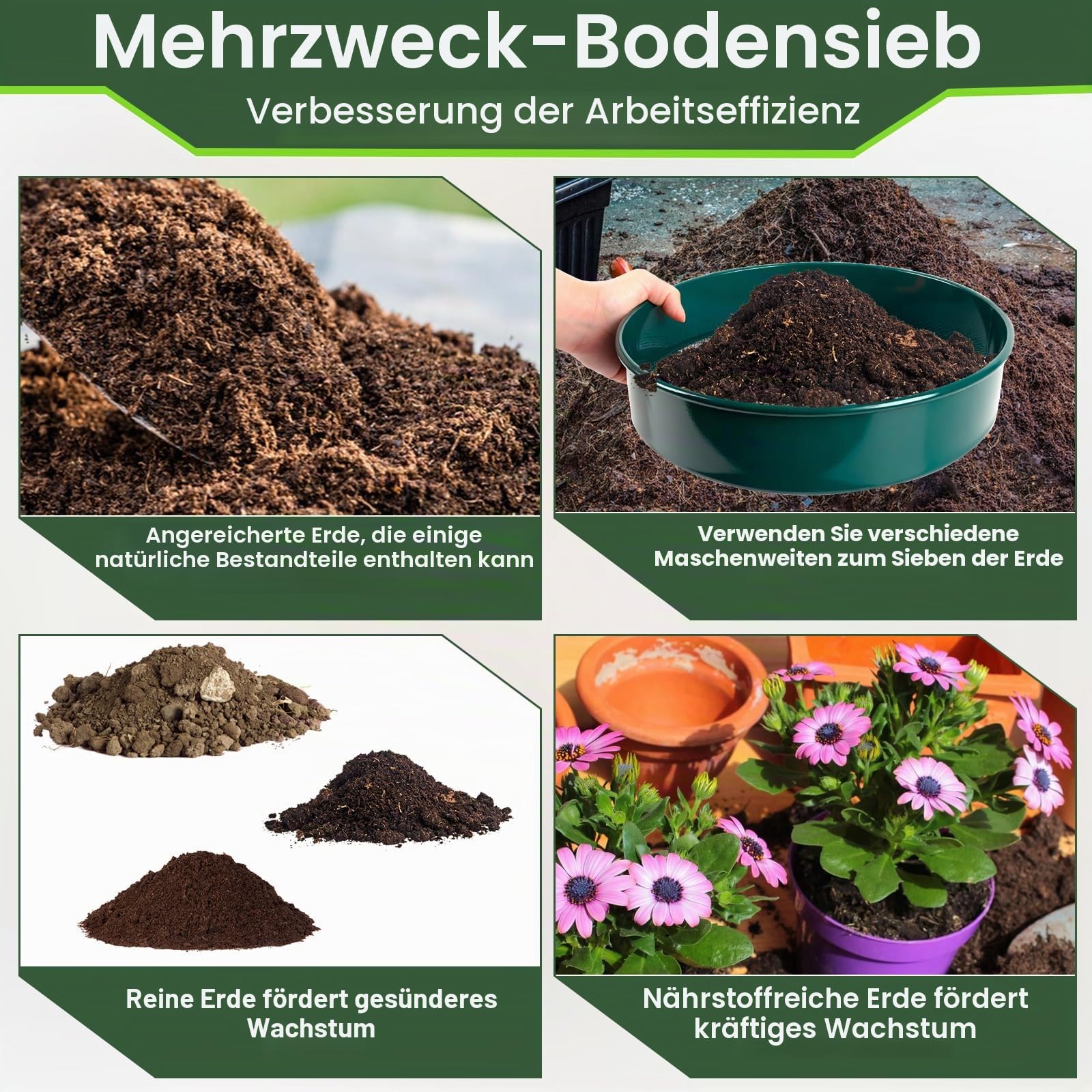CDIYTOOL 8pcs Gartensieb Set, 30cm Rund Erdensieb Garten Potting Mesh Sieb mit 5 Filtern 3/5/8/10/12mm für Erde, Steine, Unkraut, Katzenstreu, Kompost