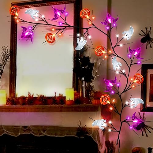 Miniatura 8 de Temporizador guirnalda de decoraciones de Halloween de 6 pies con luces de fantasma, murciélago y calabaza, 8 modos, impermeable, funciona con