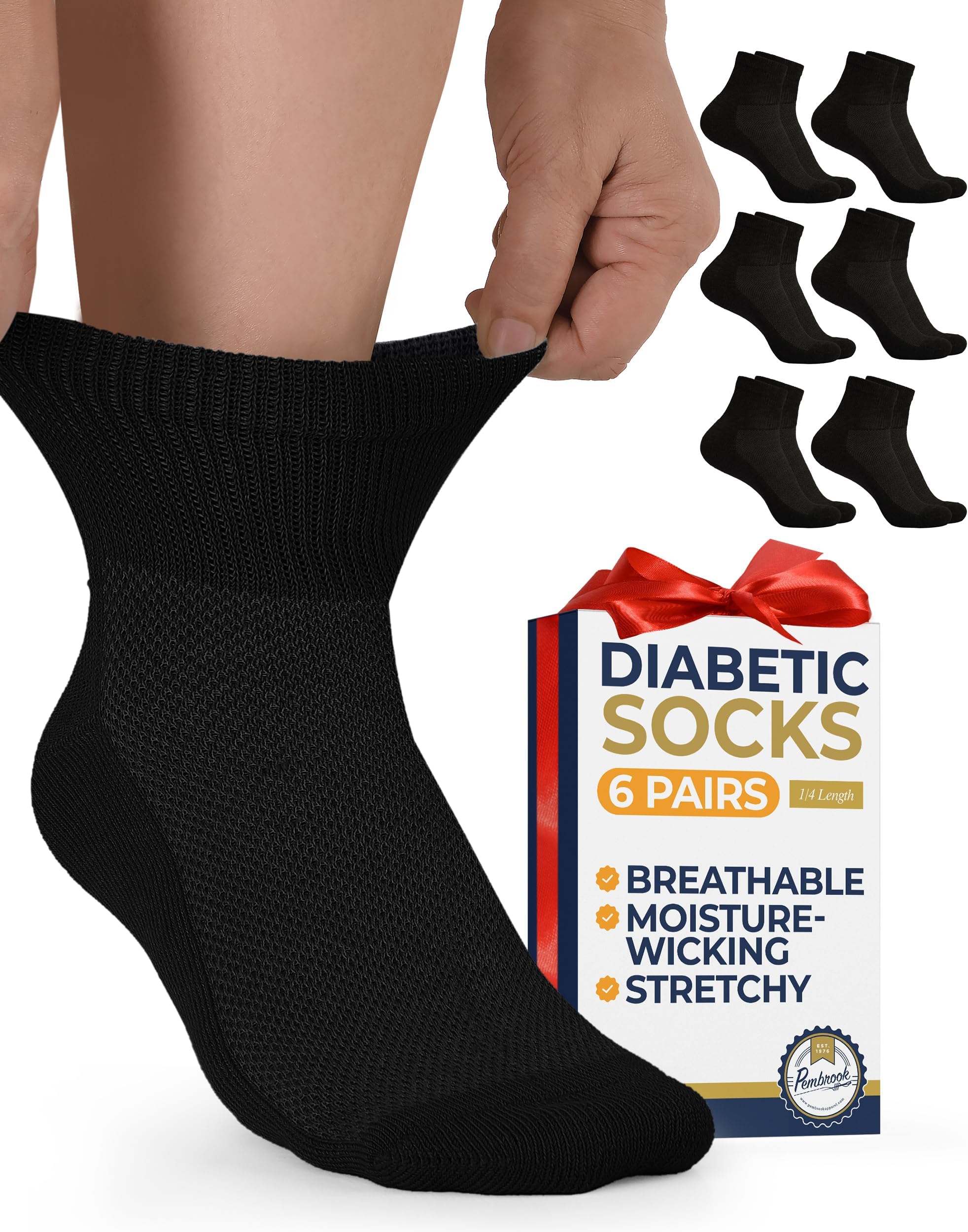 Pembrook Diabetic Ankle Socks for Men & Women | 6 Pairs Wide Non Binding Socks Quarter Length | Edema Neuropathy Socks
