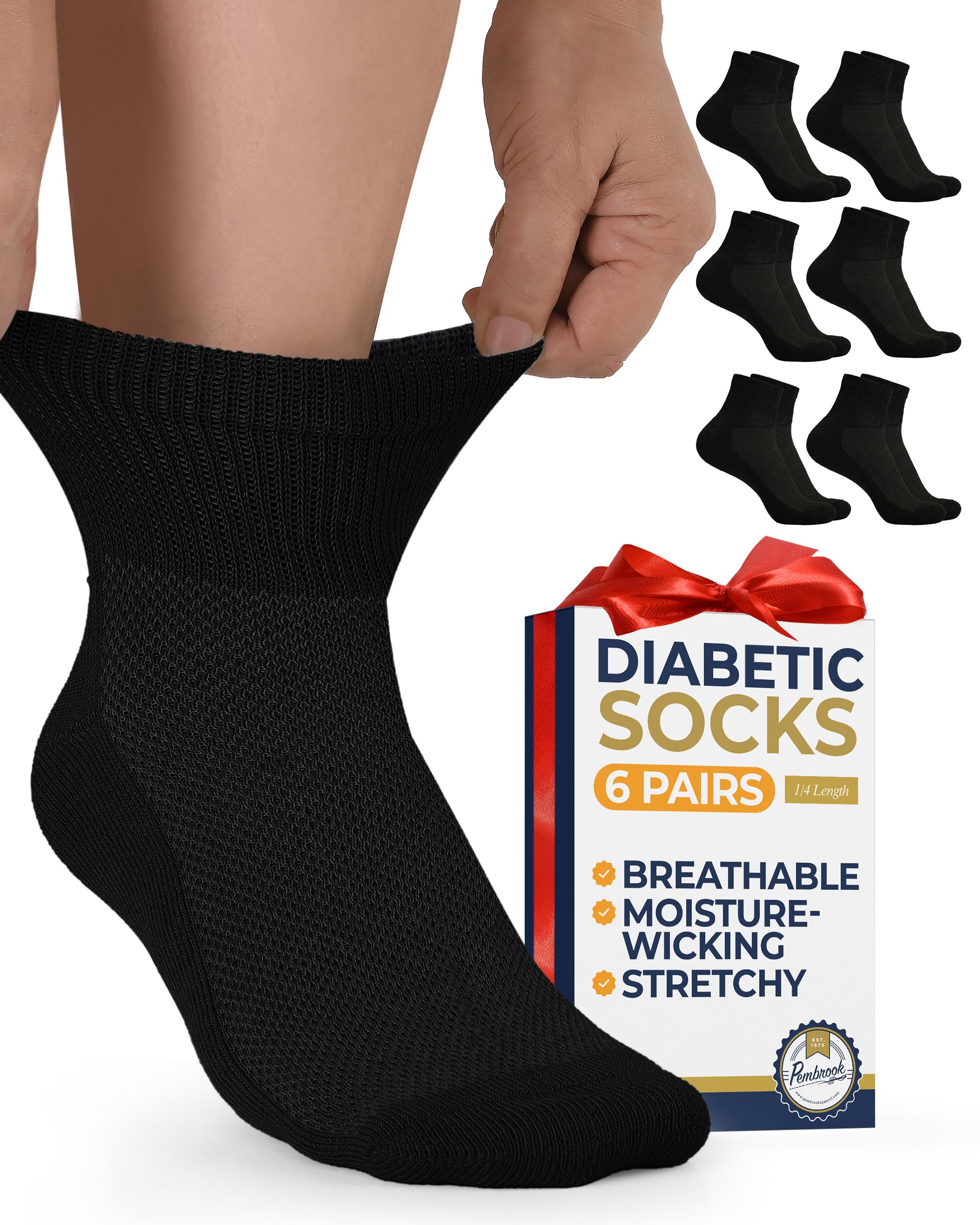 Pembrook Diabetic Ankle Socks for Men & Women | 6 Pairs Wide Non Binding Socks Quarter Length | Edema Neuropathy Socks