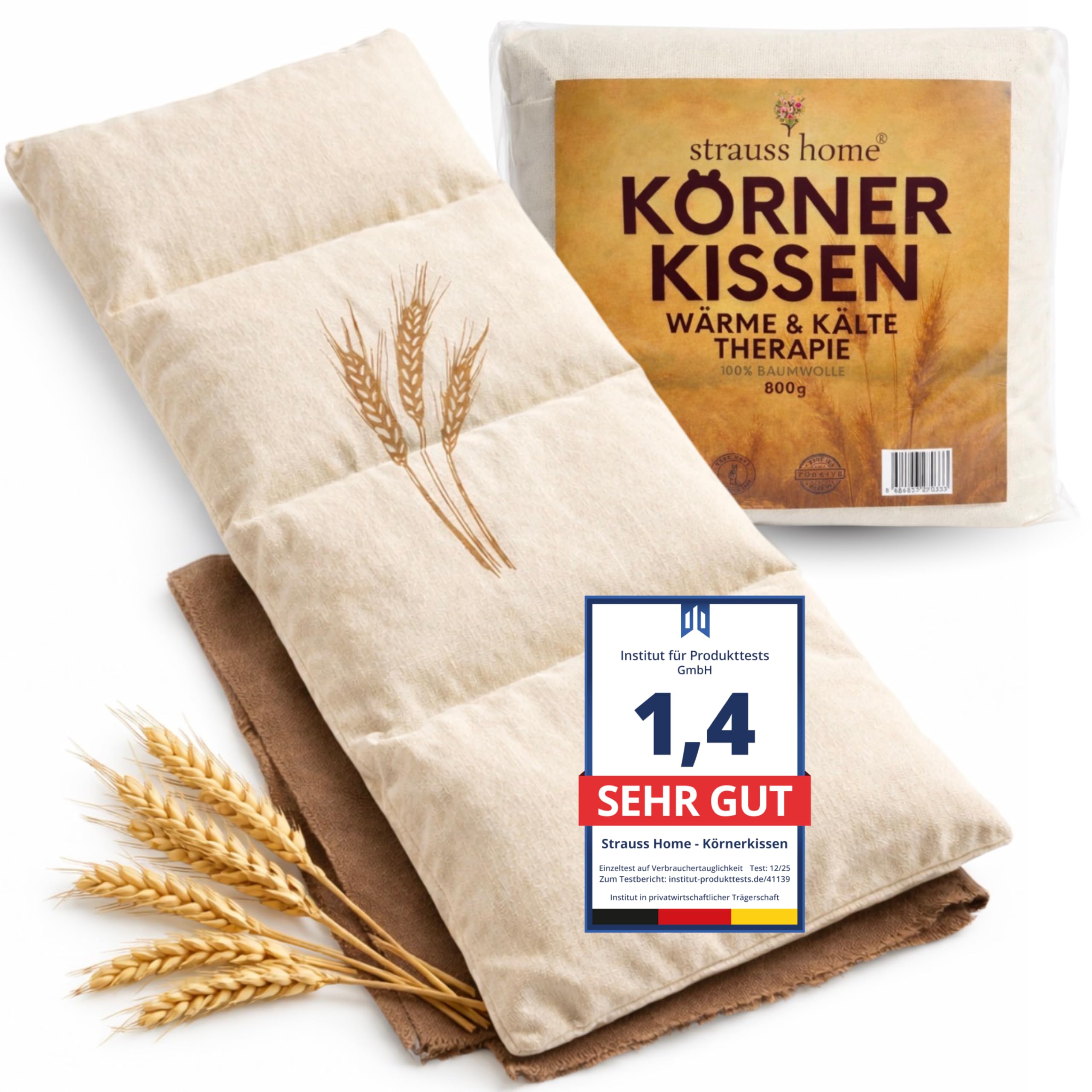 Strauss Home® Körnerkissen groß – Mikrowellengeeignetes Wärmekissen gegen Verspannungen in Nacken, Schultern und Rücken – natürliche Weizenkörner – 20x50 cm