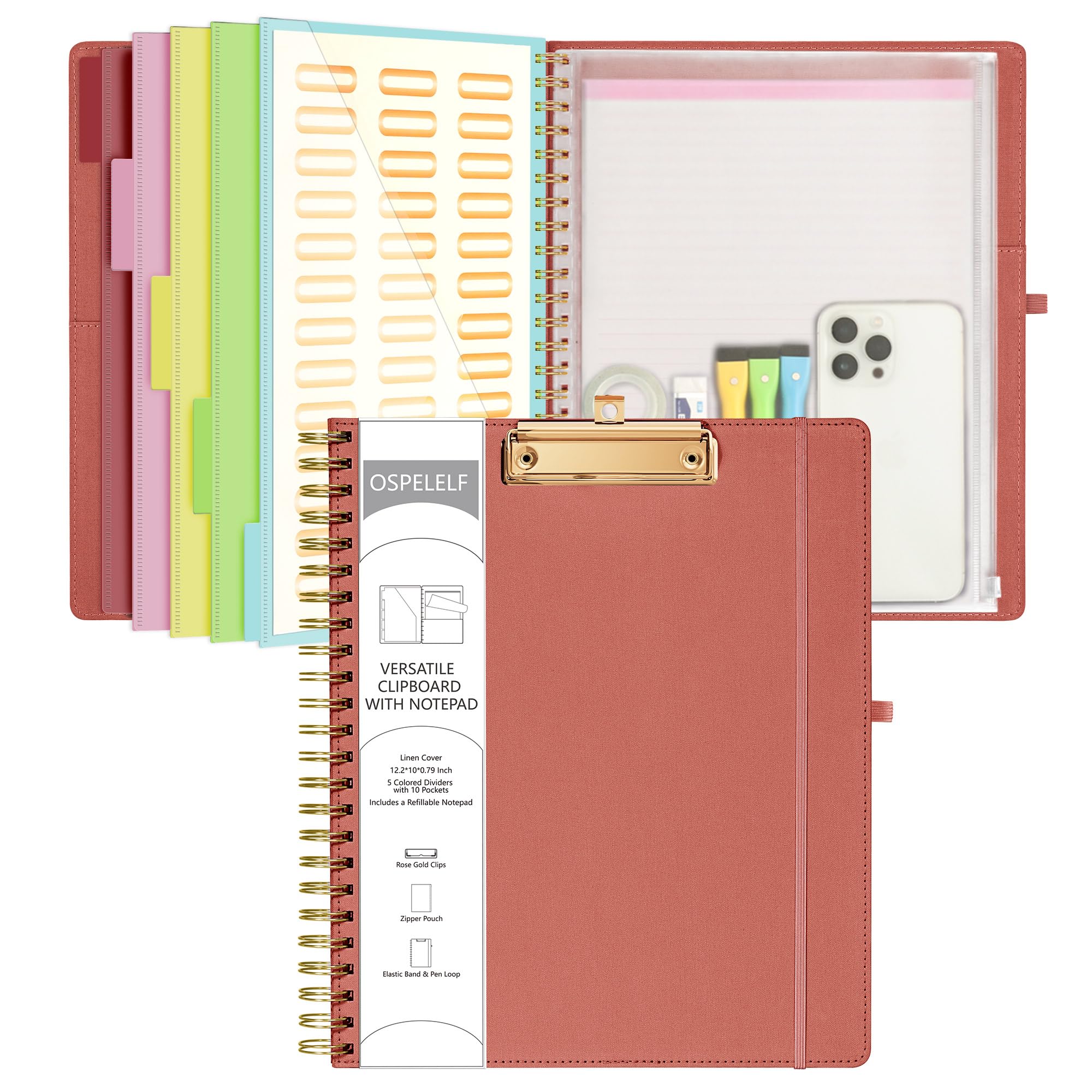 Ospelelf Red Foldable Spiral Clipboard Folio with Storage Zipper Pouch, 5 Plastic Folders with 10 Pockets, Refillable Lined Notepad (11" x 8.5"),