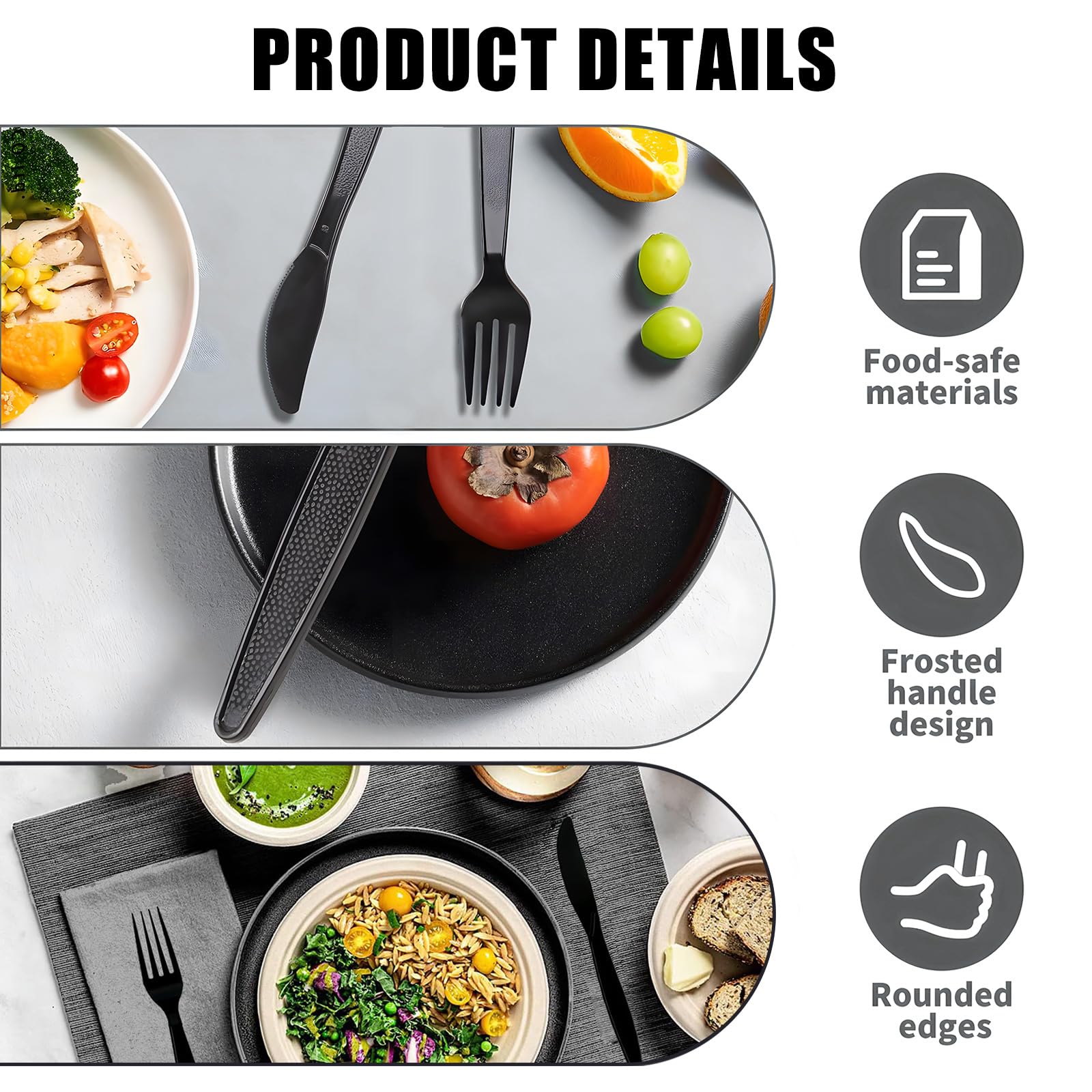 100 Stück Plastikbesteck, Plastik Besteck, Plastikbesteck Schwarz, Wiederverwendbar Set für Pizza, Dessert, 50 Plastikmesser & 50 Gabeln Plastikbesteck für Familienfeiern Outdoor Dinner, schwarz
