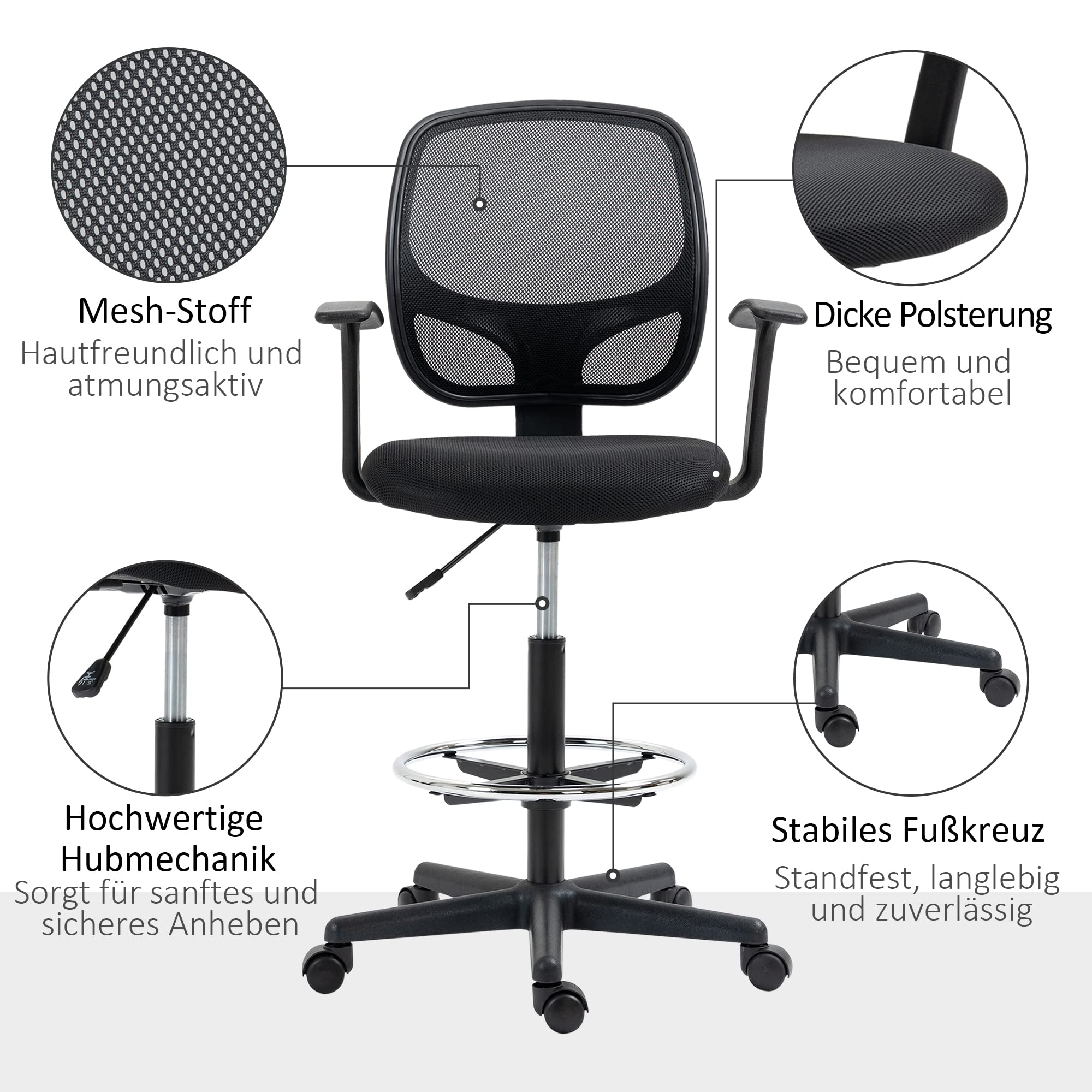 Vinsetto Arbeitsstuhl Mesh Schreibtischstuhl Schwarz 64 x 57 x 110-132 cm | Ergonomischer Bürostuhl, Zeichenstuhl, Verstellbarer Fußring, Höhenverstellbarer Drehstuhl mit Rollen, Arbeitszimmer