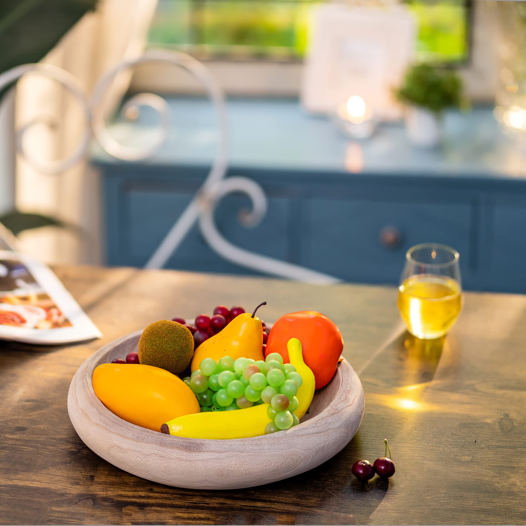Hanobe Cuenco decorativo grande de madera: centro de mesa redondo de madera de paulownia para decoración del hogar, cuenco de frutas natural rústico de 12.6 pulgadas para mesa de café, bandeja de
