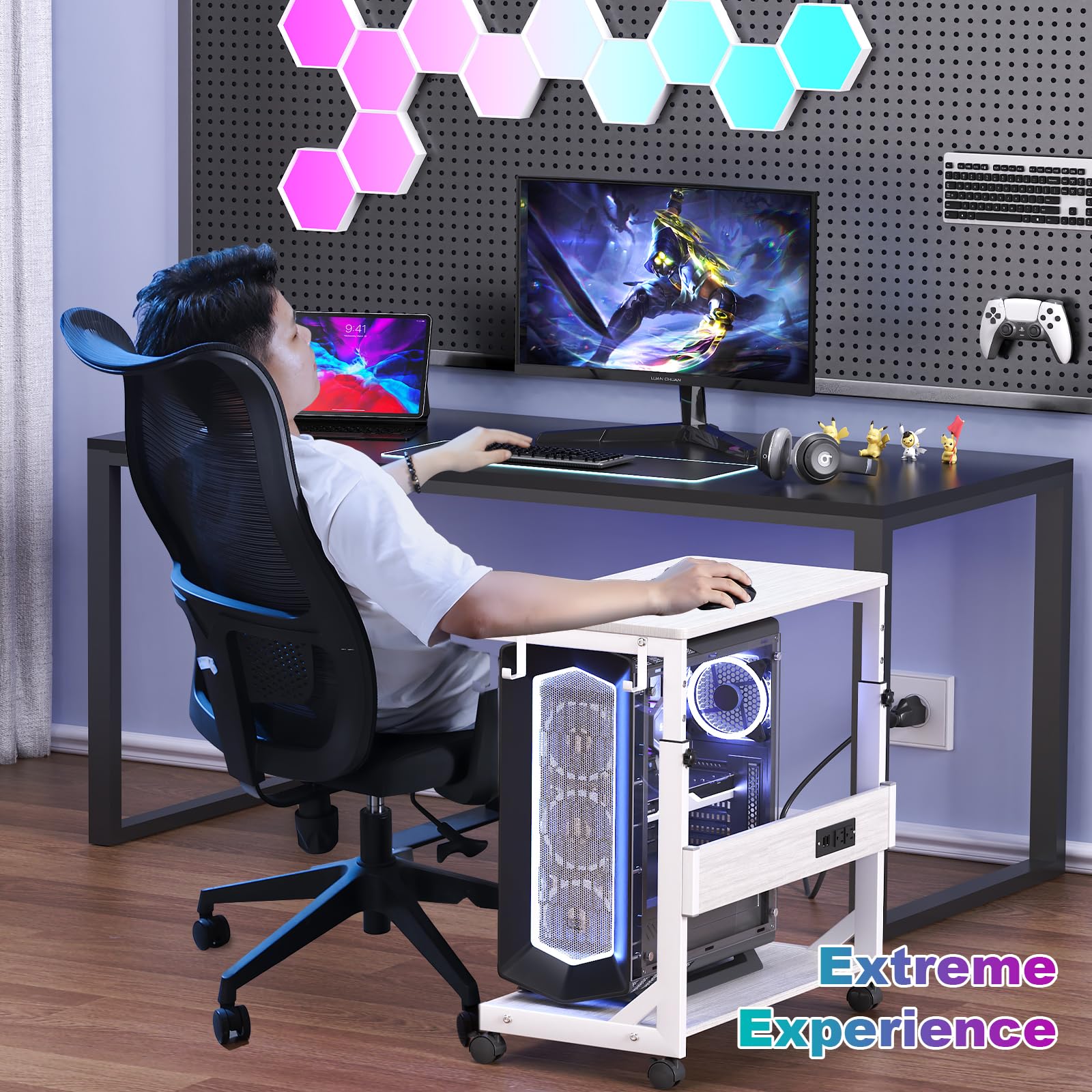 Height Adjustable Computer Tower Stand with Charge Station and USB Charging Port 2-Tier ATX-Case Cart Under Desk Mobile — view 7