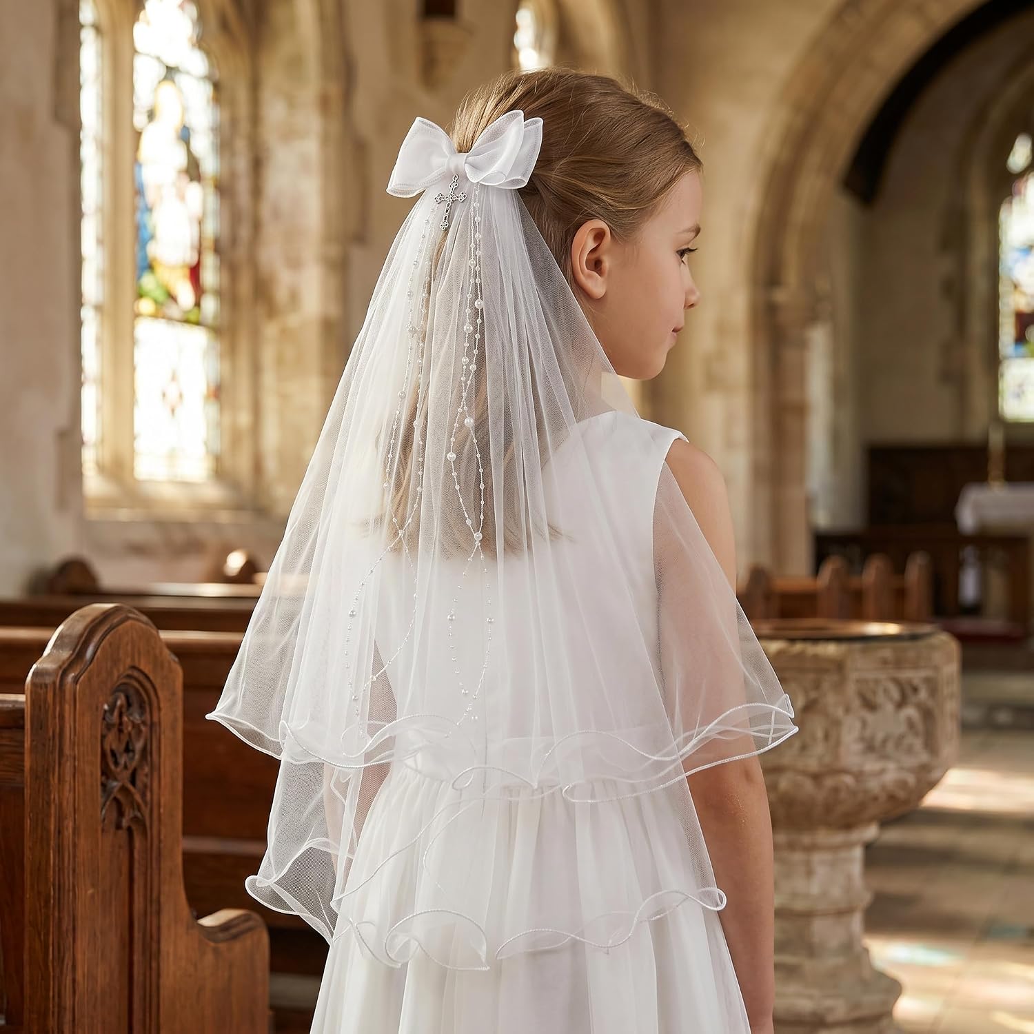 First Communion Veil for Girls, White Bow Communion Veil with Cross & Pearl Beads, Catholic First Holy Communion Headpiece