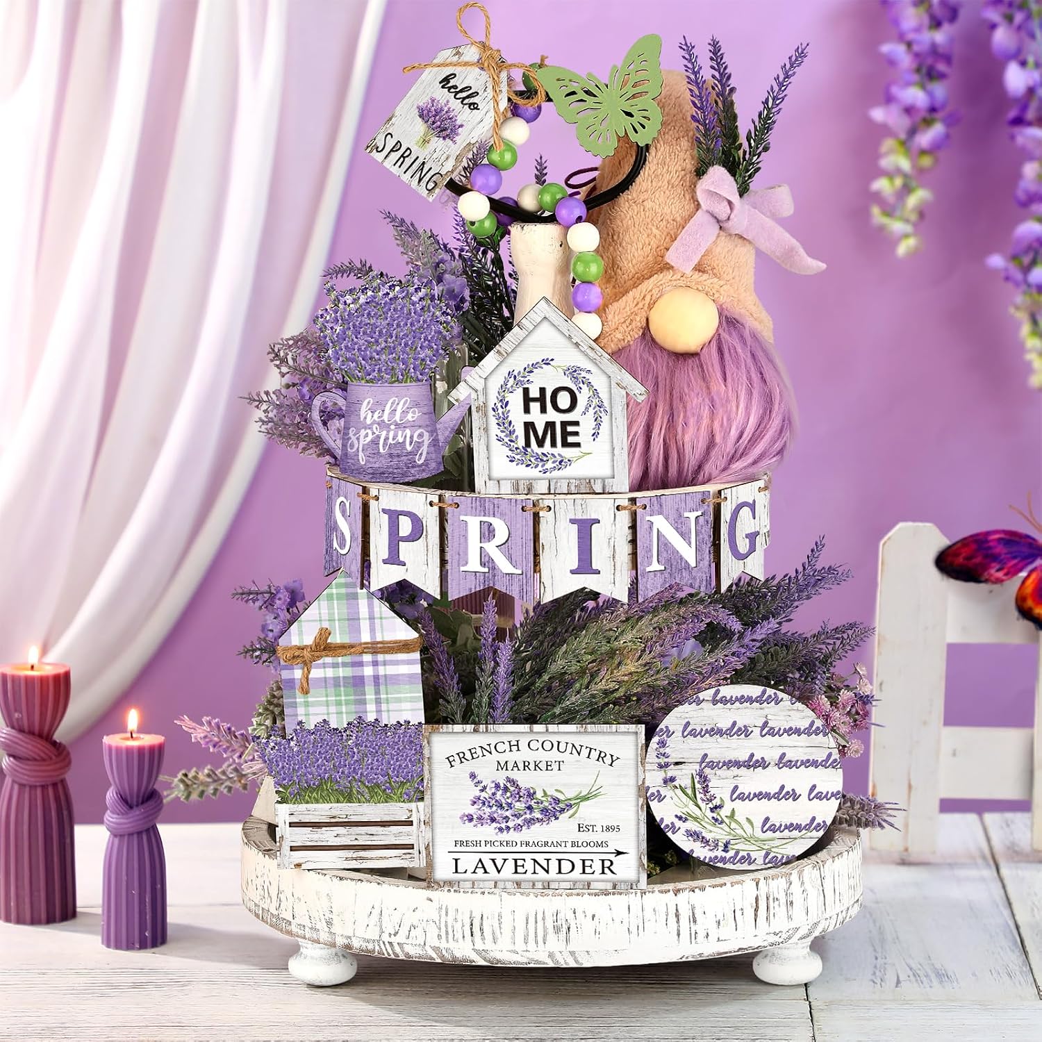 Soaoo 16 Pcs Lavender Decorative Trays, Tiered Tray Decor, Purple Flower, Wooden Sign, Summer Spring Rustic Farmhouse Table Shelf Decorations