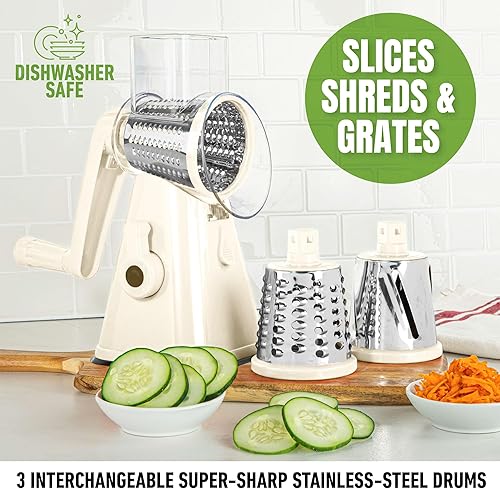 Miniatura 6 de EMSON Rallador giratorio de queso, manivela de mano, ralladores giratorios de acero inoxidable para cocina con 3 cuchillas, cortador de verduras,
