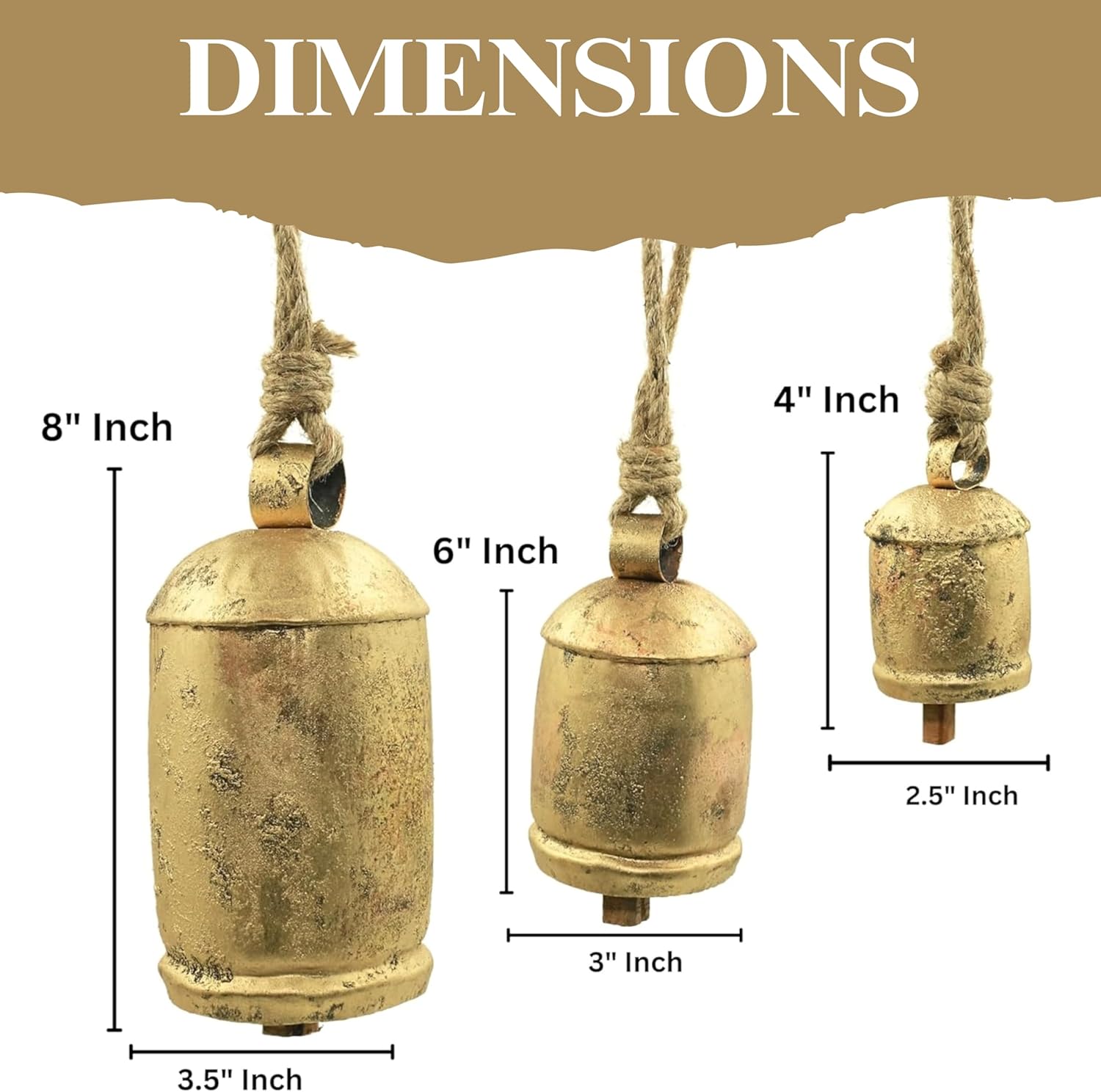 Rustic Gold Cow Bells Set of 3 – Vintage Farmhouse Hanging Bells with Rope – Handcrafted Decorative Tin Jingle Bells for Door, Garden, Porch, Patio, Wedding & Holiday Décor