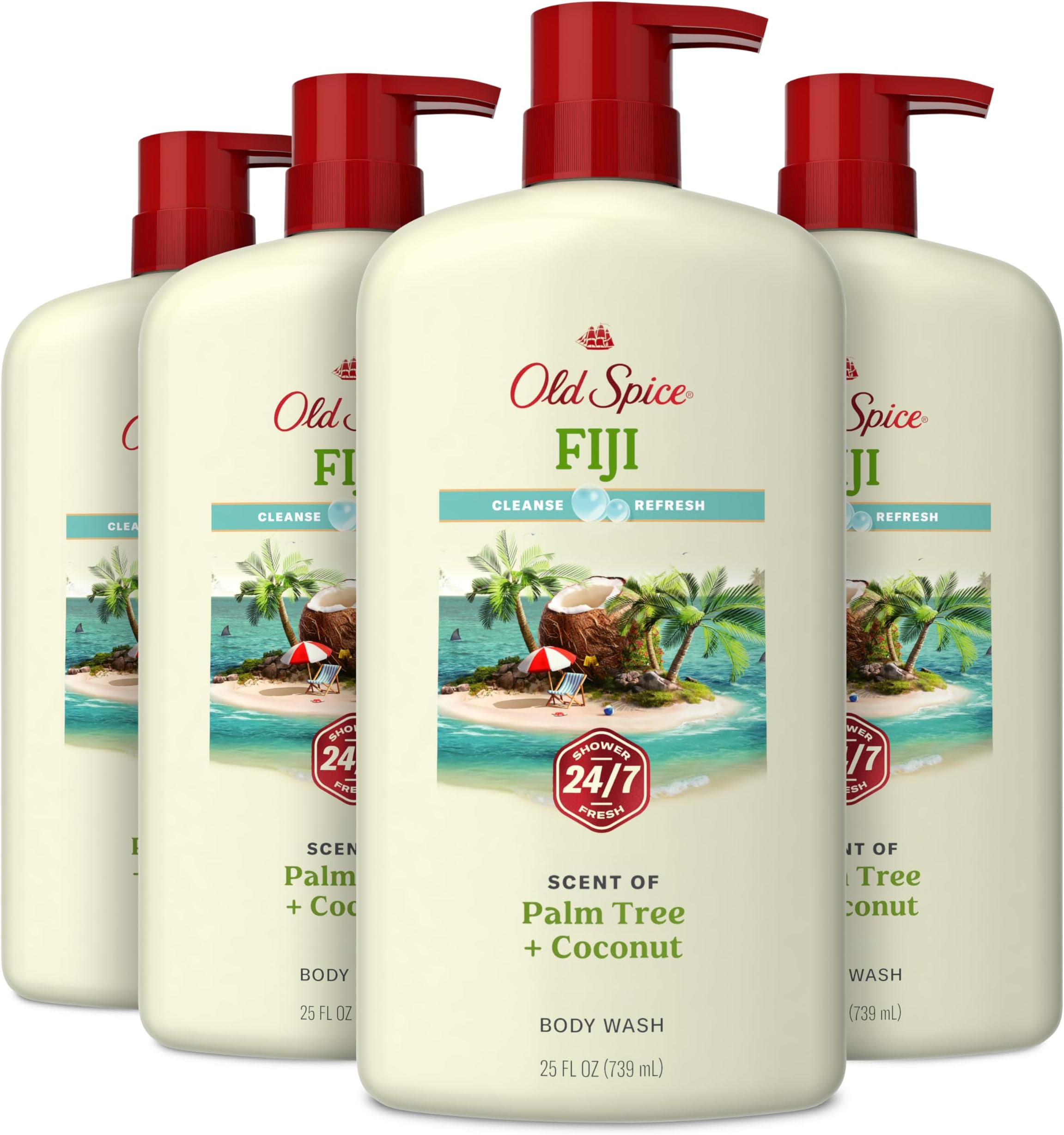 Body Wash for Men, 24/7 Shower Fresh with Lasting Scent, Cleanse & Refresh, Gentle on Skin, Vitamin B3, Fiji with Palm Tree + Coconut Scent, 25 oz (Pack of 4)