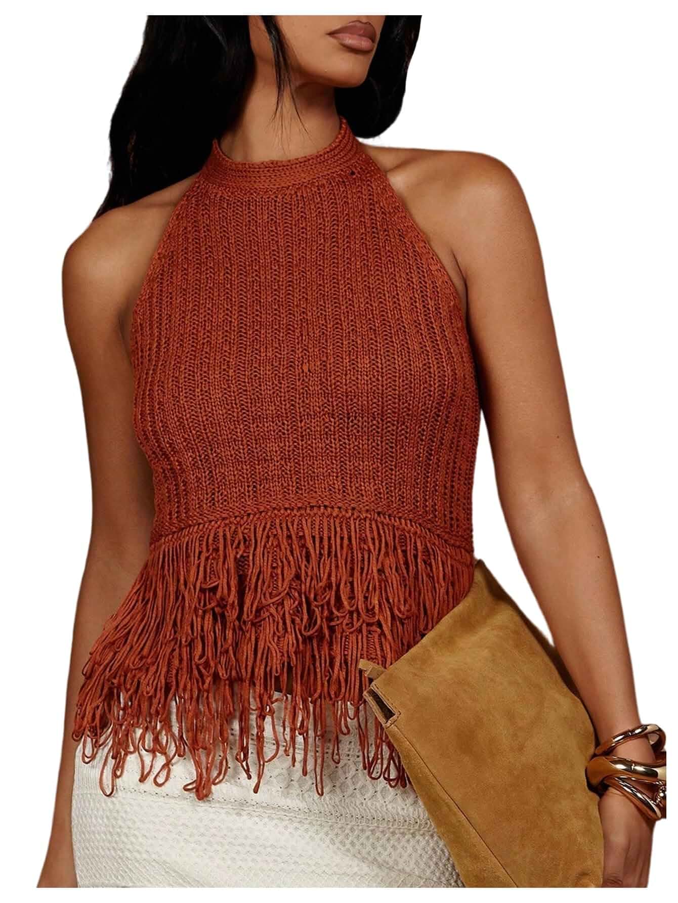 SweatyRocks Women's Boho Fringe Halter Tops Open Back Knit Crochet Tank Top Tassel Knit Crochet, Boho Festival Top, Western Cowgirl, Summer Vacation Tops, Coachella Concert Outfits