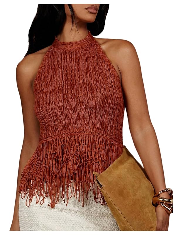 SweatyRocks Women's Boho Fringe Halter Tops Open Back Knit Crochet Tank Top by SweatyRocks - Used condition - US$27.49